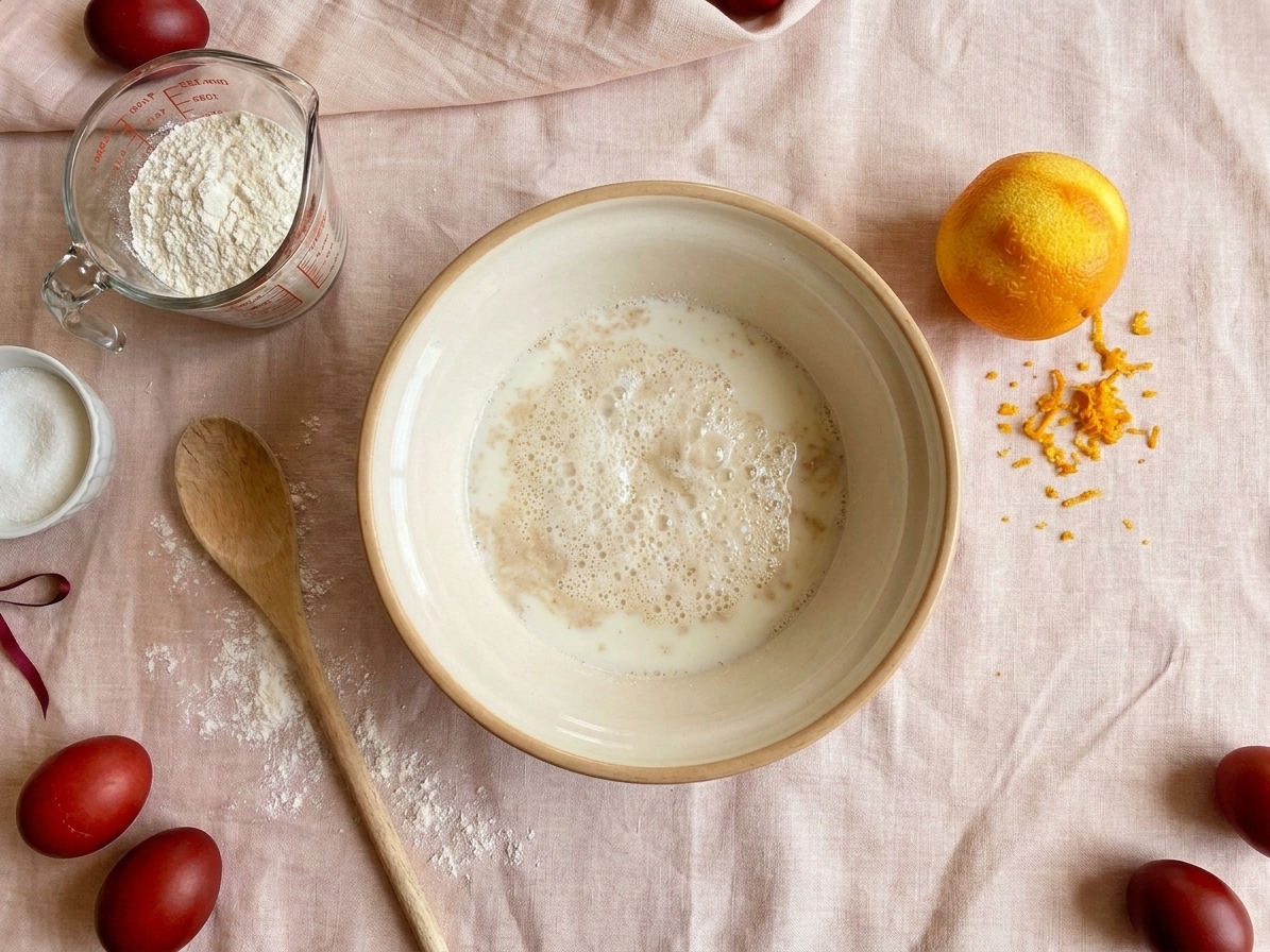 A mixing bowl with yeast blooming in warm milk and sugar next to a zested orange and measured flour on a tidy kitchen counter