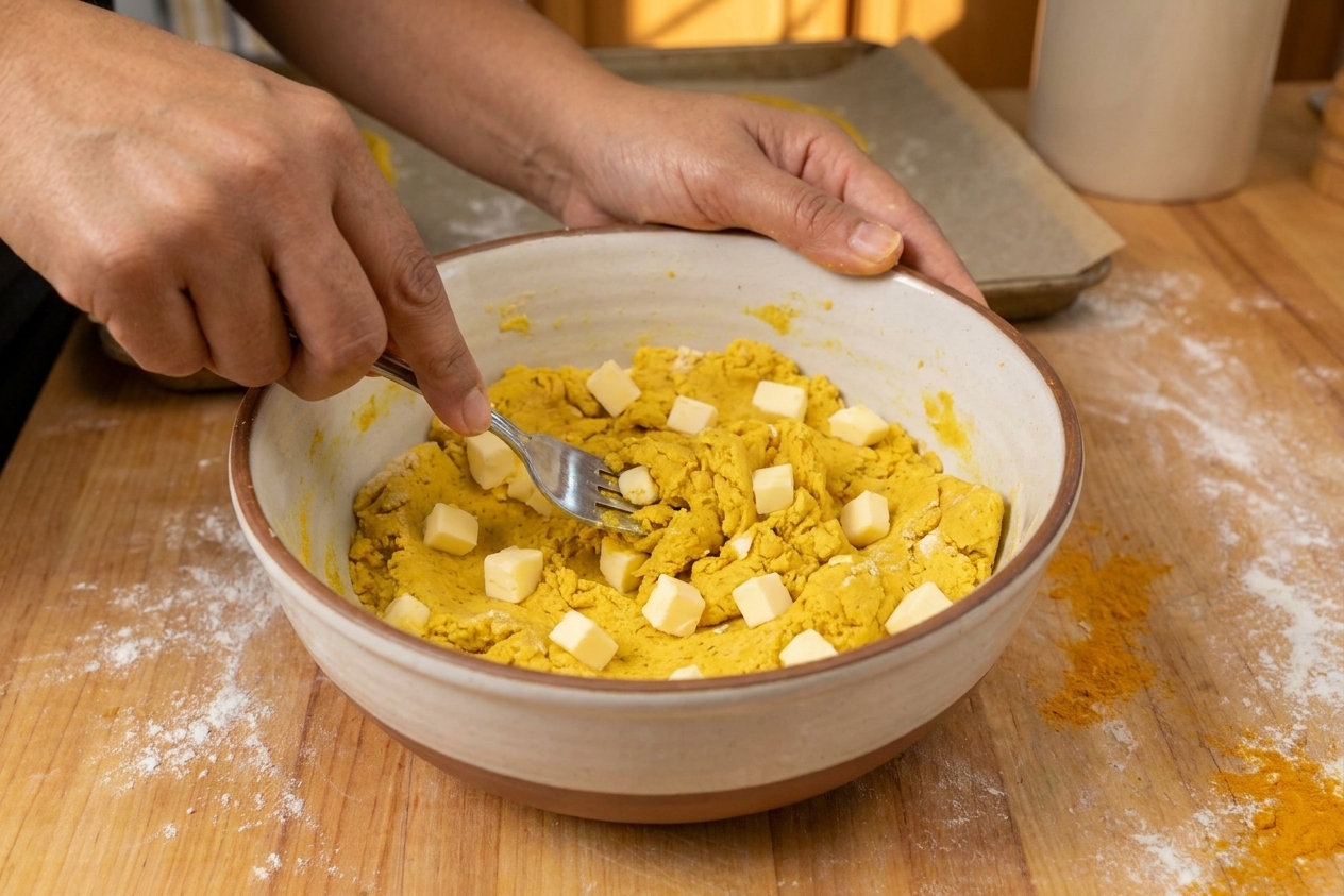A mixing bowl with yellow turmeric-tinted patty dough being stirred with a fork, with visible butter pieces throughout