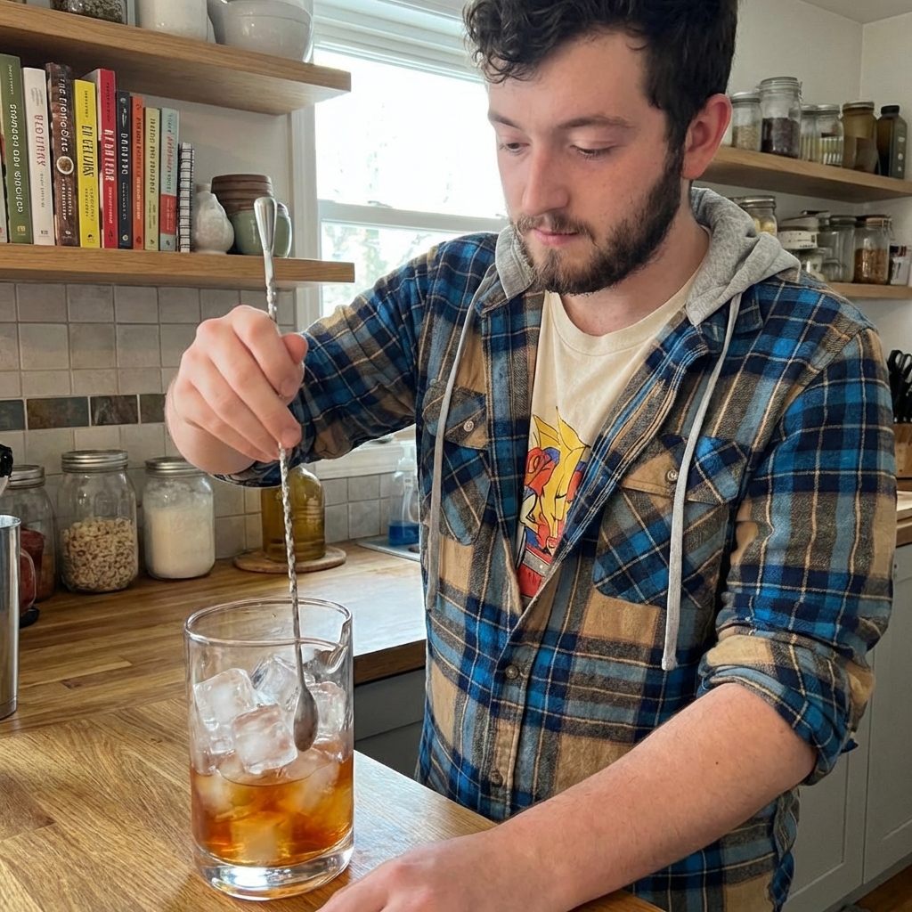 A mixing glass filled with ice and amber cocktail liquid being stirred with a bar spoon on a kitchen counter