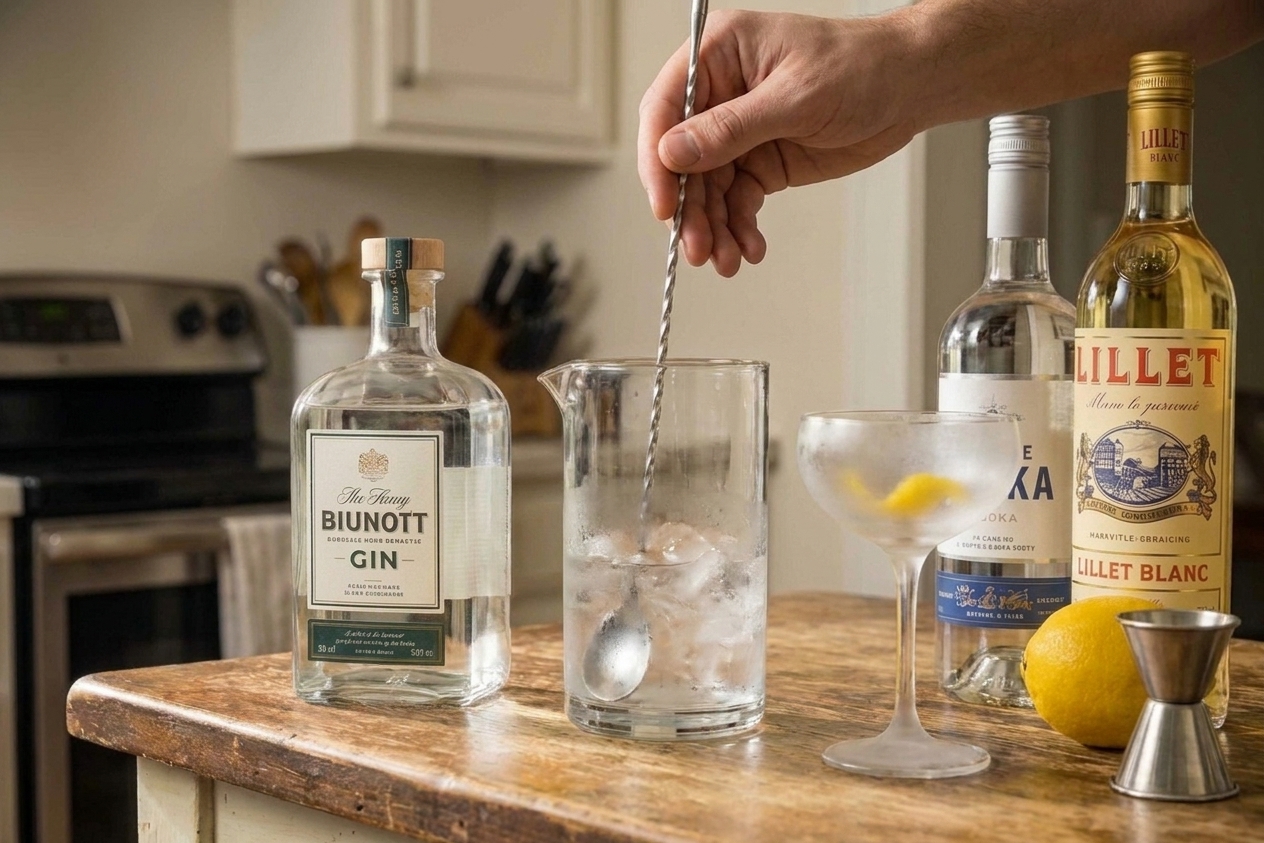 A mixing glass filled with ice and clear spirits being stirred with a bar spoon beside a chilled coupe glass