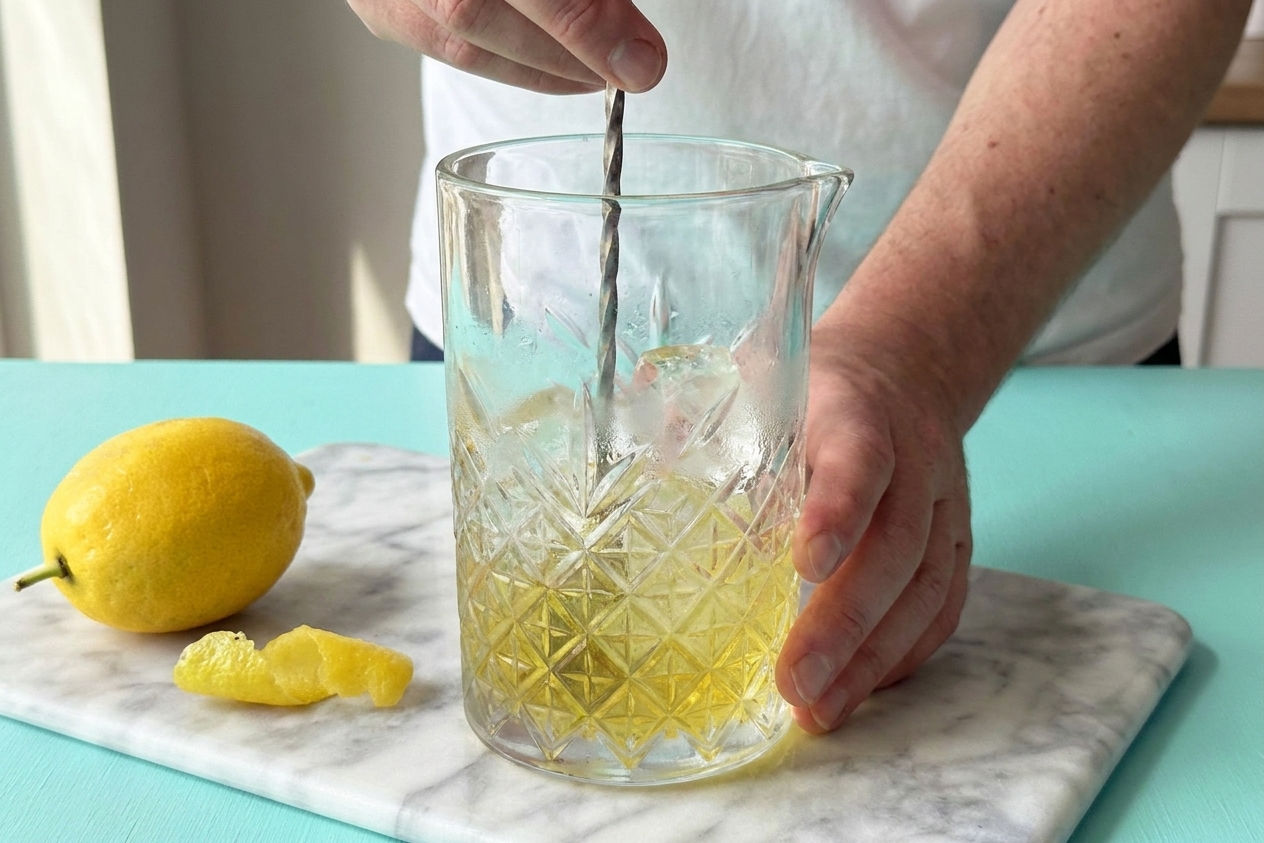 A mixing glass filled with ice being stirred as a pale golden White Negroni chills on a clean kitchen counter
