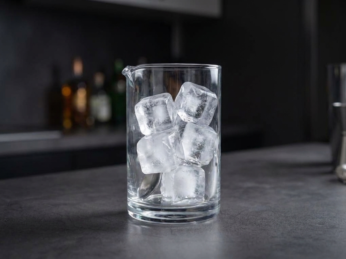 A mixing glass filled with ice cubes on a clean countertop