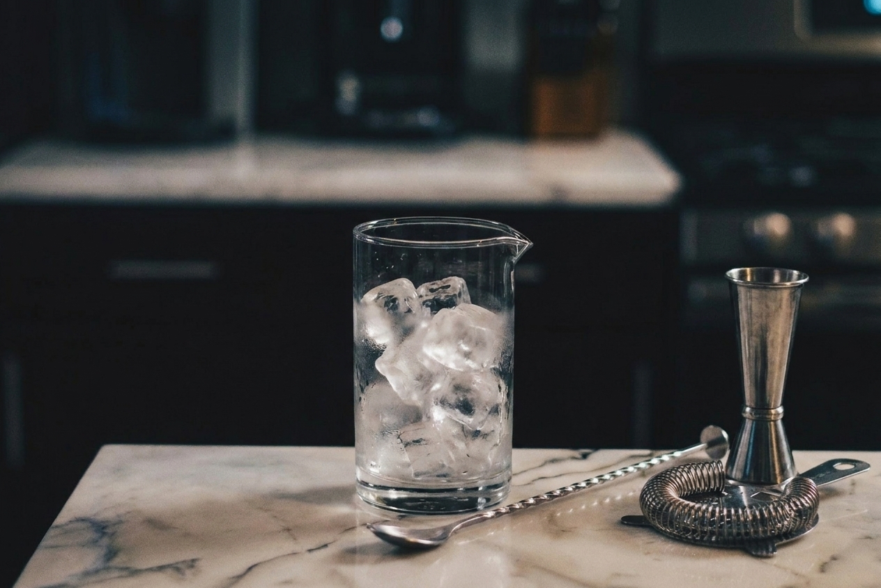 A mixing glass filled with ice next to a bar spoon, jigger, and strainer on a clean kitchen counter