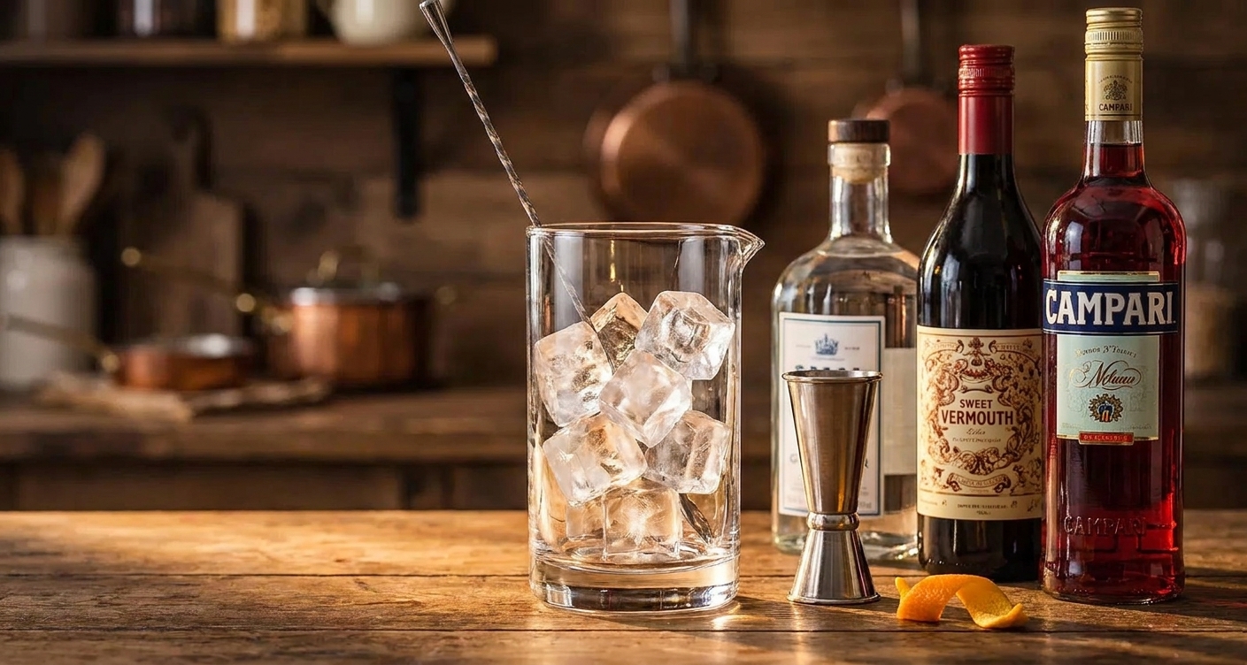 A mixing glass filled with ice on a kitchen counter beside a jigger and three bottles ready for a Negroni