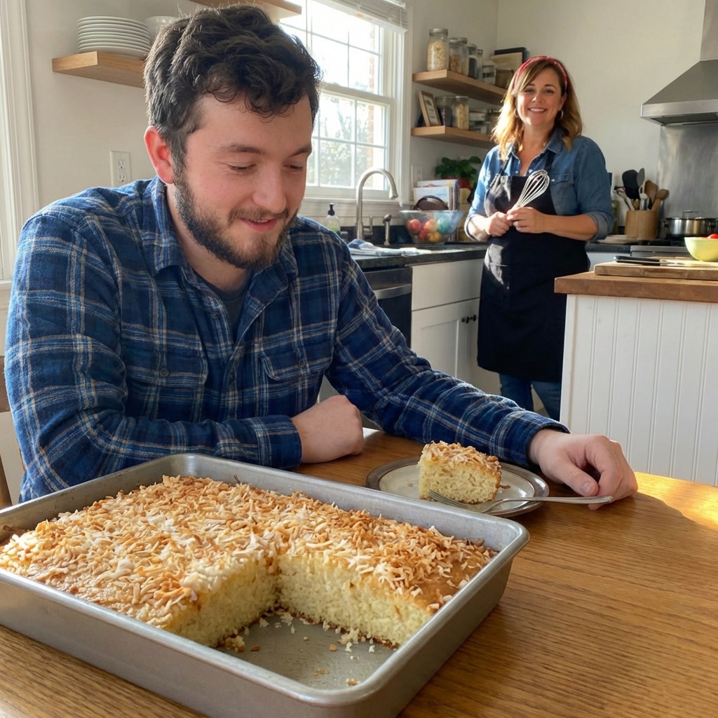 A moist coconut sheet cake in a baking pan with a slice removed, showing a tender crumb and topped with toasted coconut