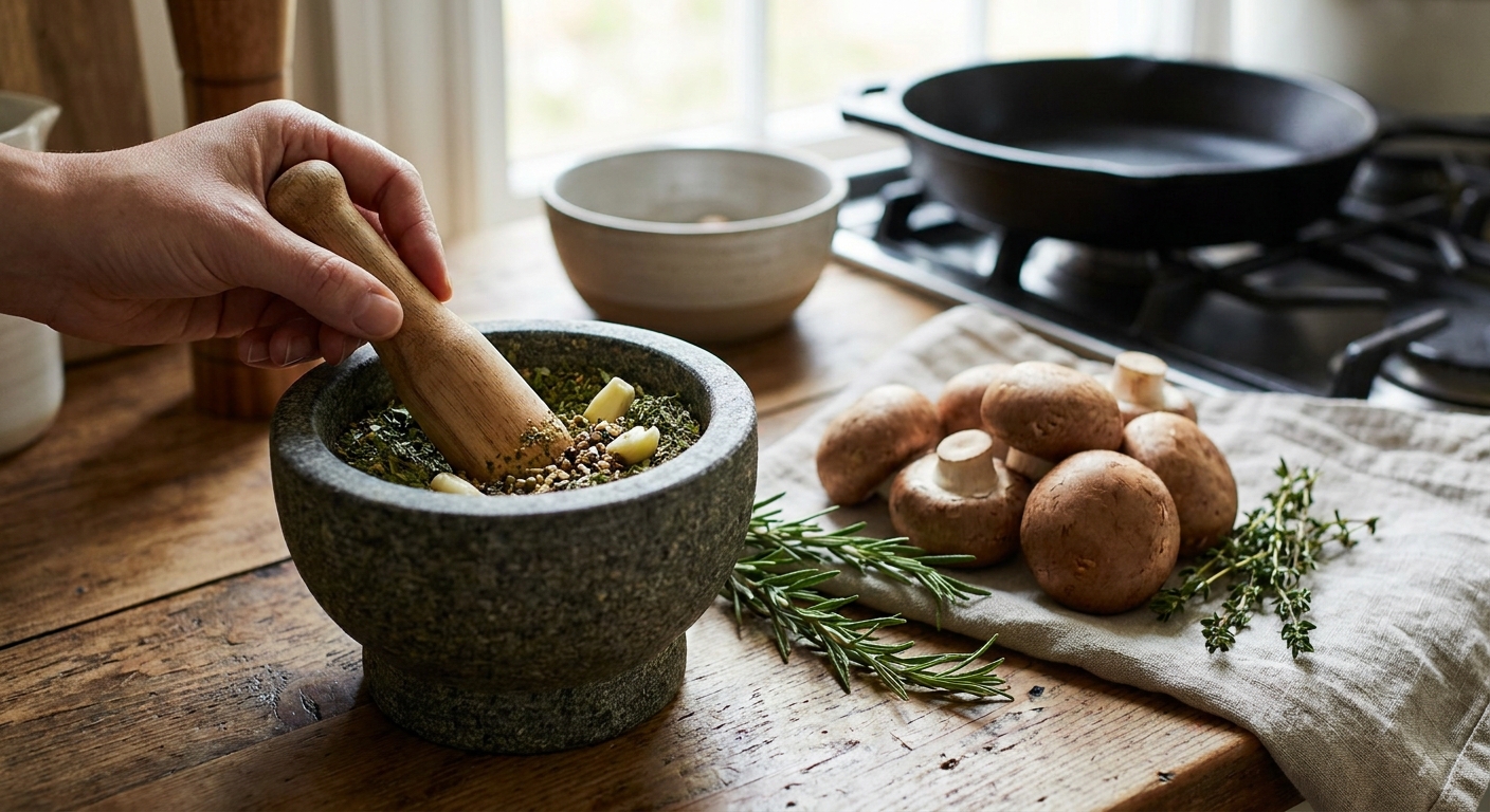 A mortar and pestle with crushed herbs and a few whole mushrooms on a wooden counter