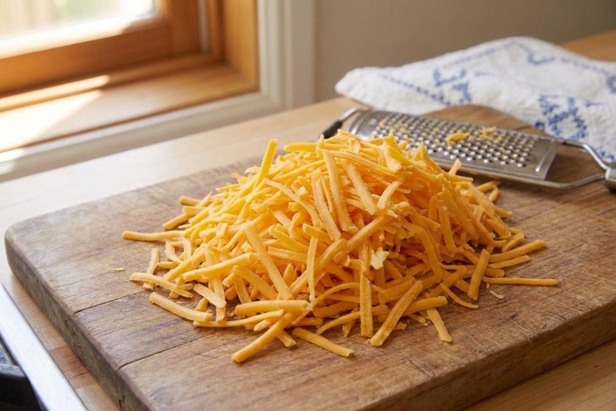 A mound of freshly shredded sharp cheddar cheese on a wooden cutting board on a kitchen counter