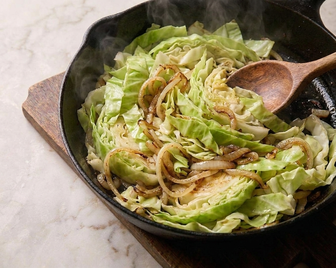 A mound of sliced cabbage being tossed with sautéed onions as it begins to wilt