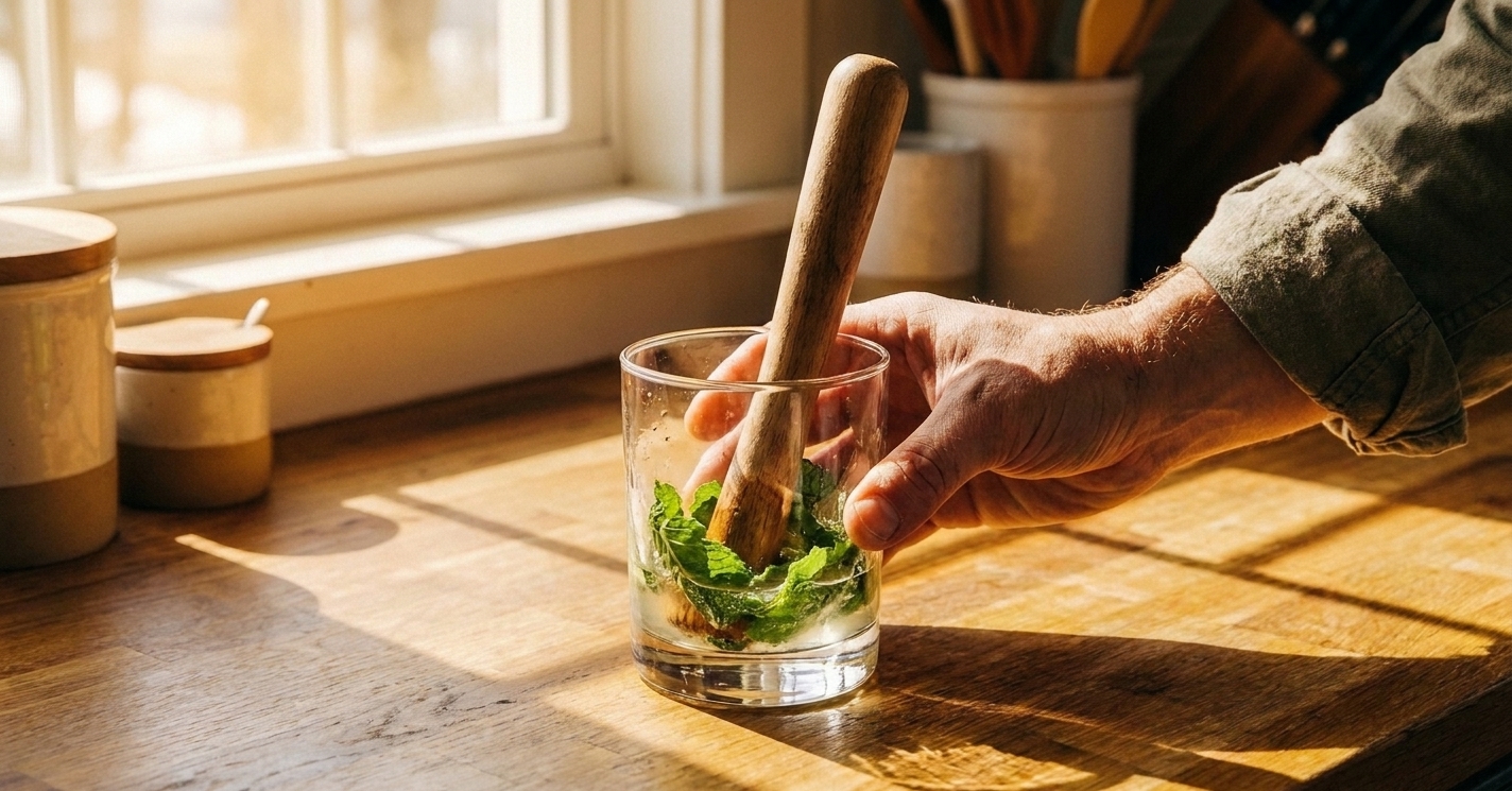 A muddler resting in a rocks glass with fresh mint leaves and simple syrup on a kitchen counter under warm light