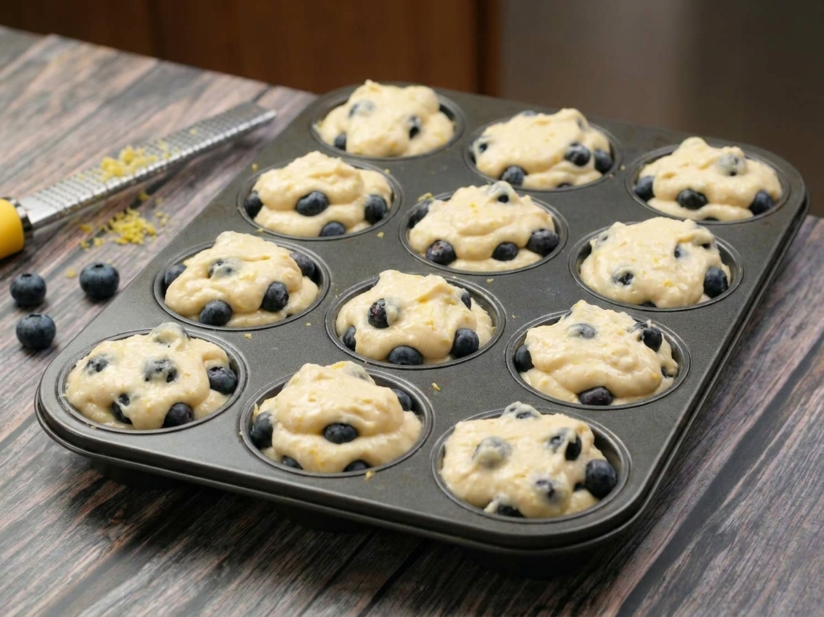A muffin pan filled with lemon blueberry batter, the batter mounded in each cup ready for the oven