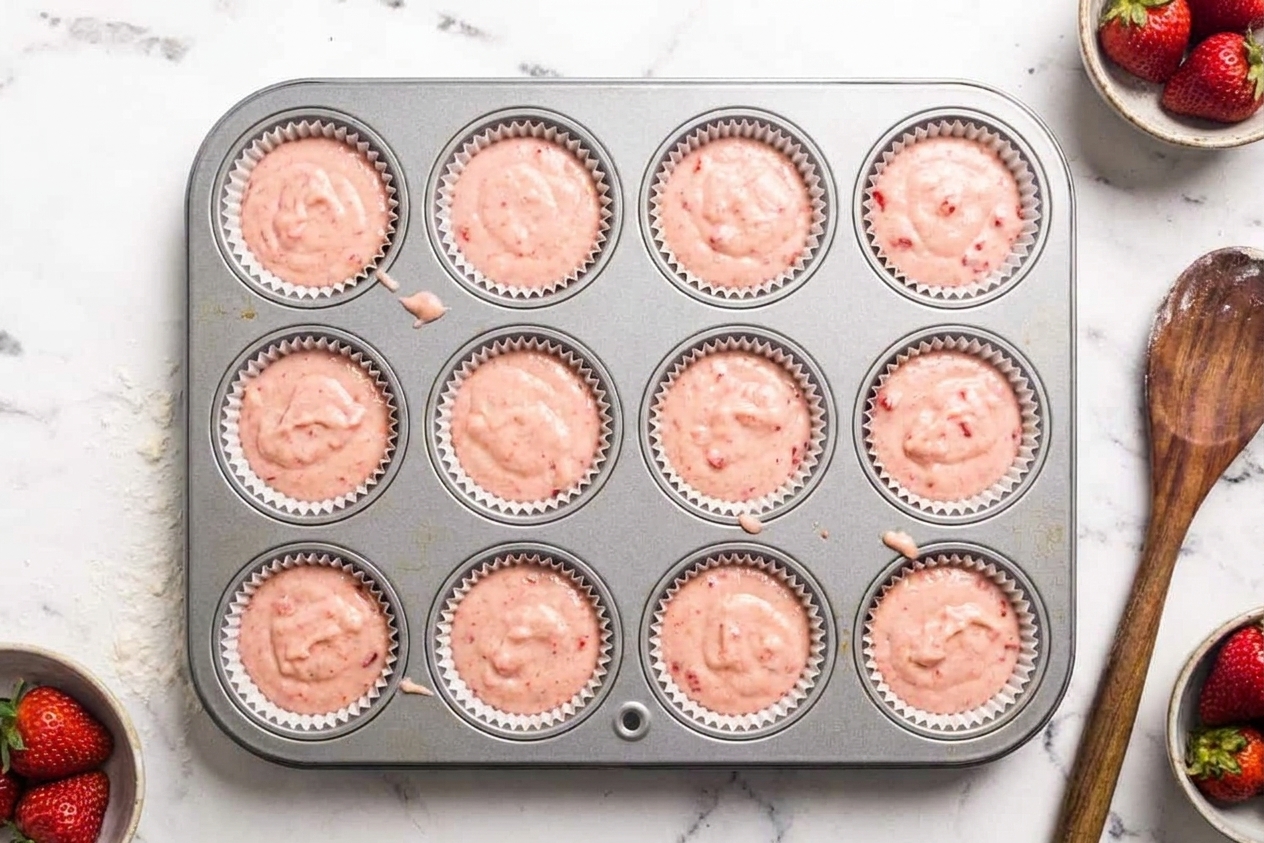 A muffin pan lined with cupcake papers filled with pale pink strawberry cupcake batter, ready to bake