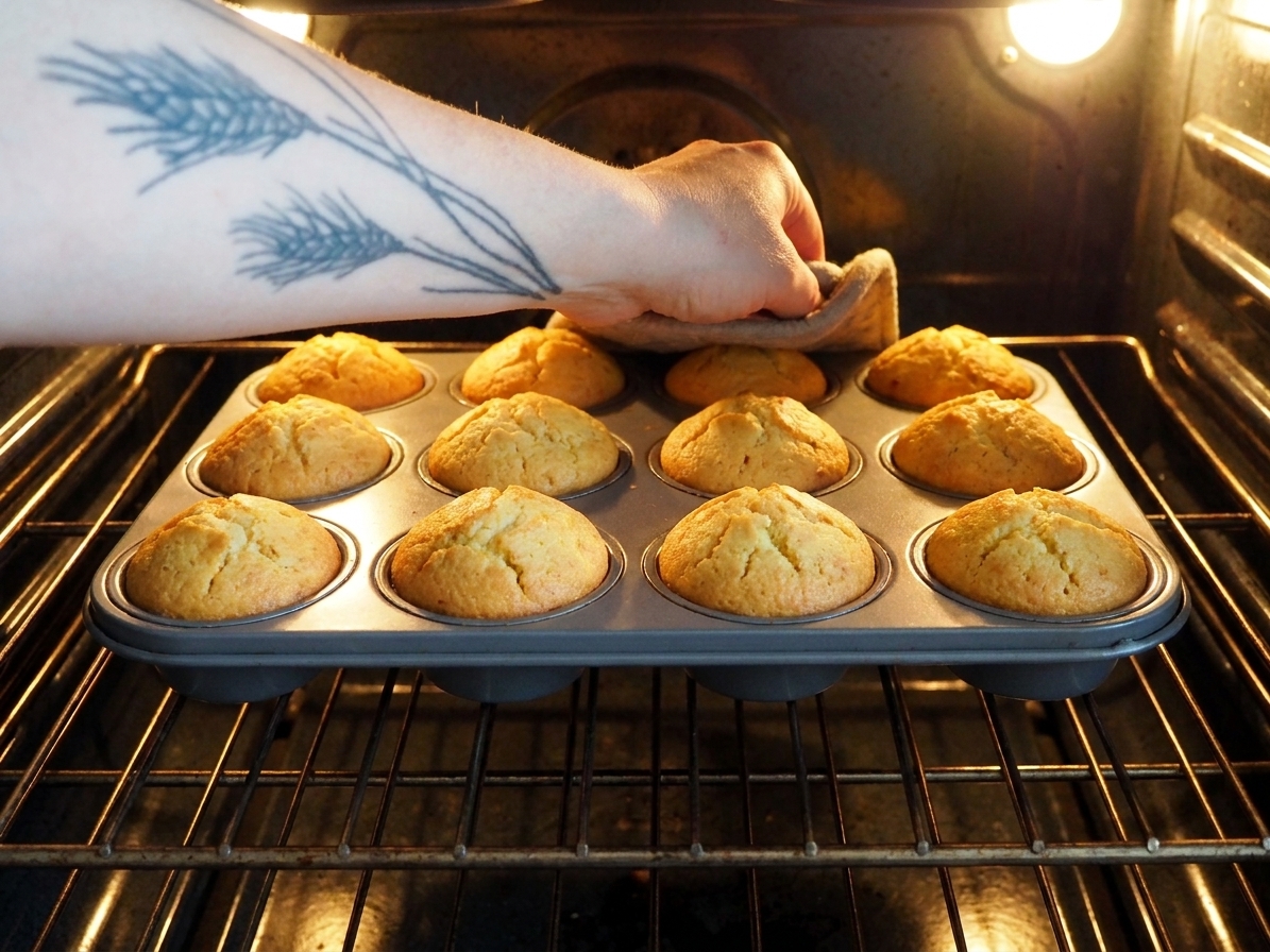 A muffin pan of corn muffins rising and turning golden on an oven rack with warm oven light