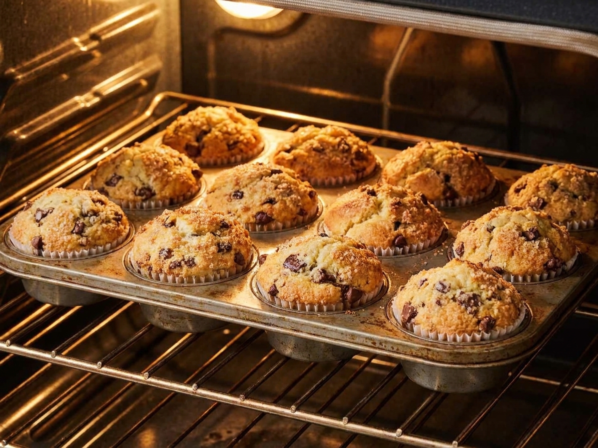 A muffin pan of rising chocolate chunk muffins on an oven rack with warm oven light