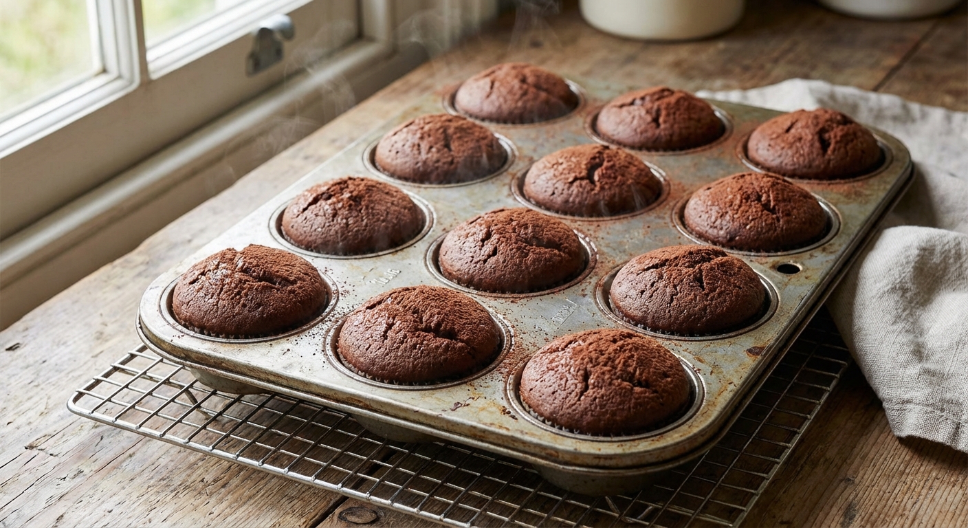 A muffin tin filled with baked chocolate cupcakes cooling with slightly domed tops