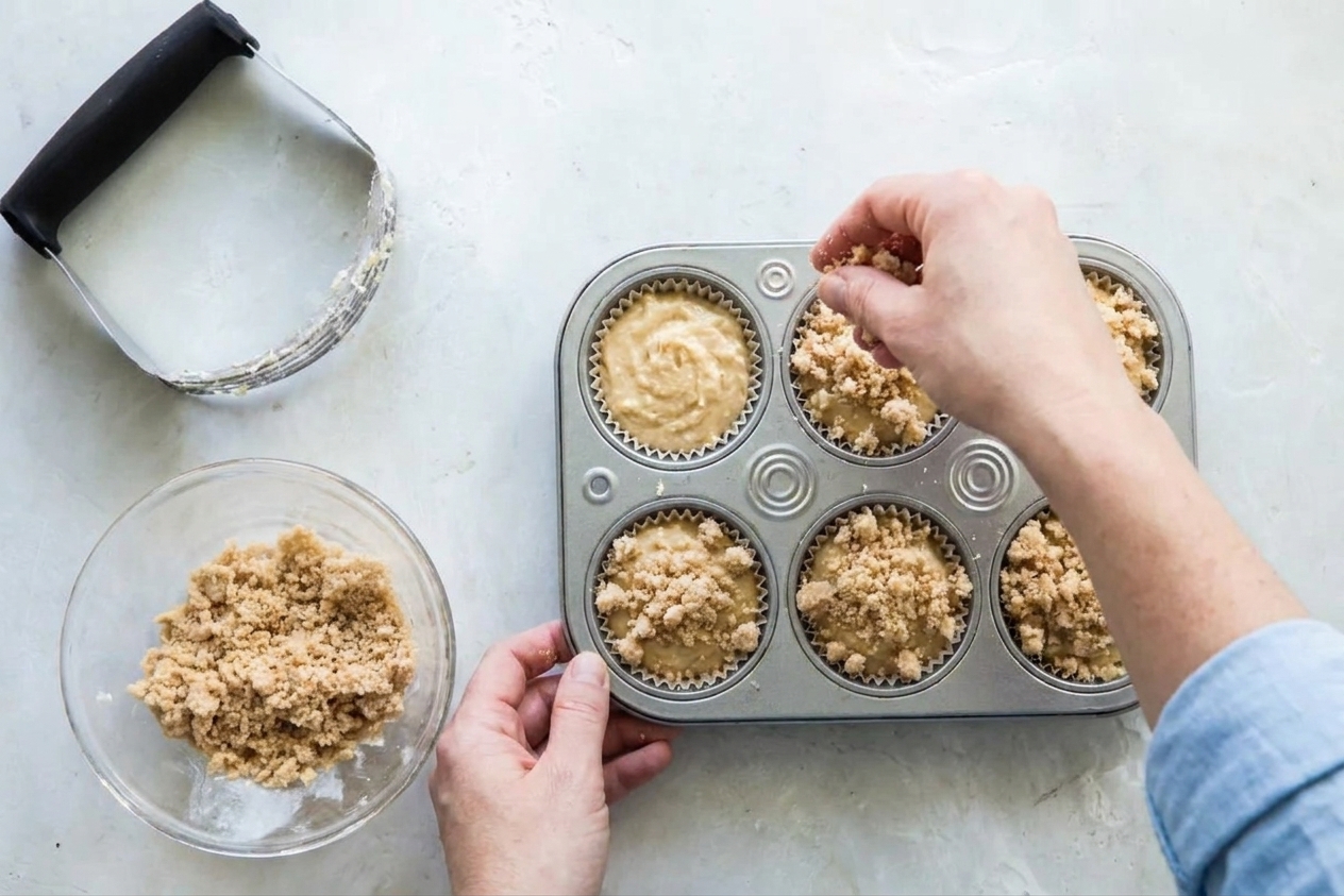 A muffin tin filled with batter as streusel topping is being sprinkled over the tops on a bright kitchen counter