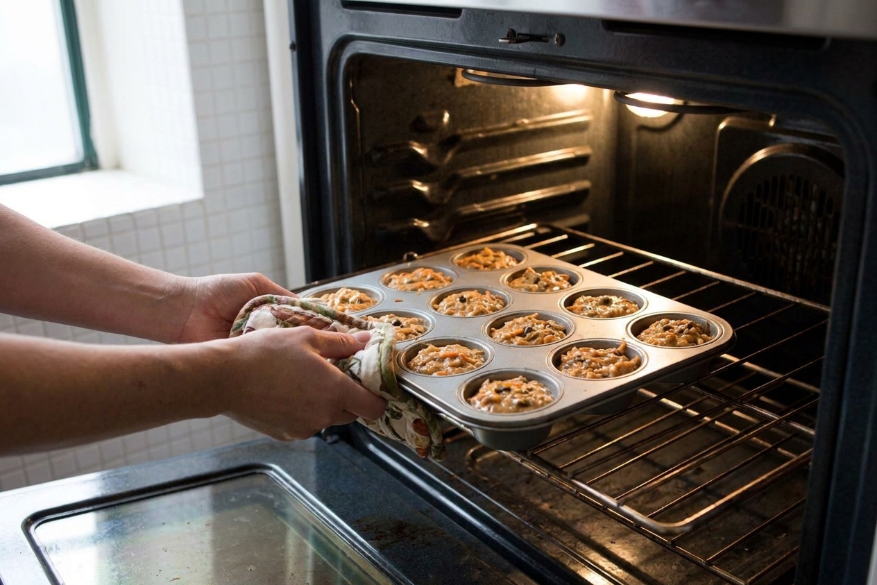 A muffin tin filled with batter being placed onto the center oven rack in a home oven