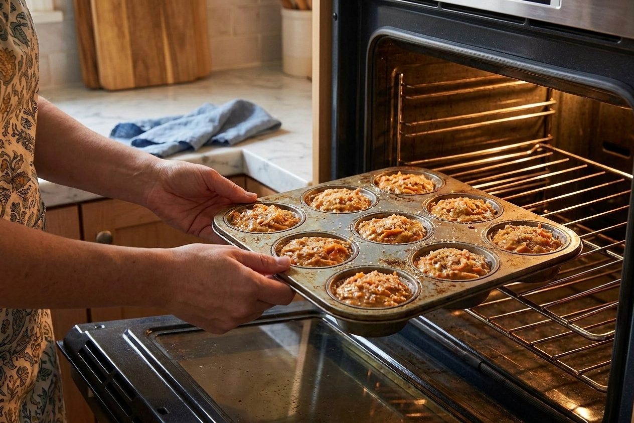 A muffin tin filled with carrot muffin batter being placed into an oven, with warm kitchen lighting