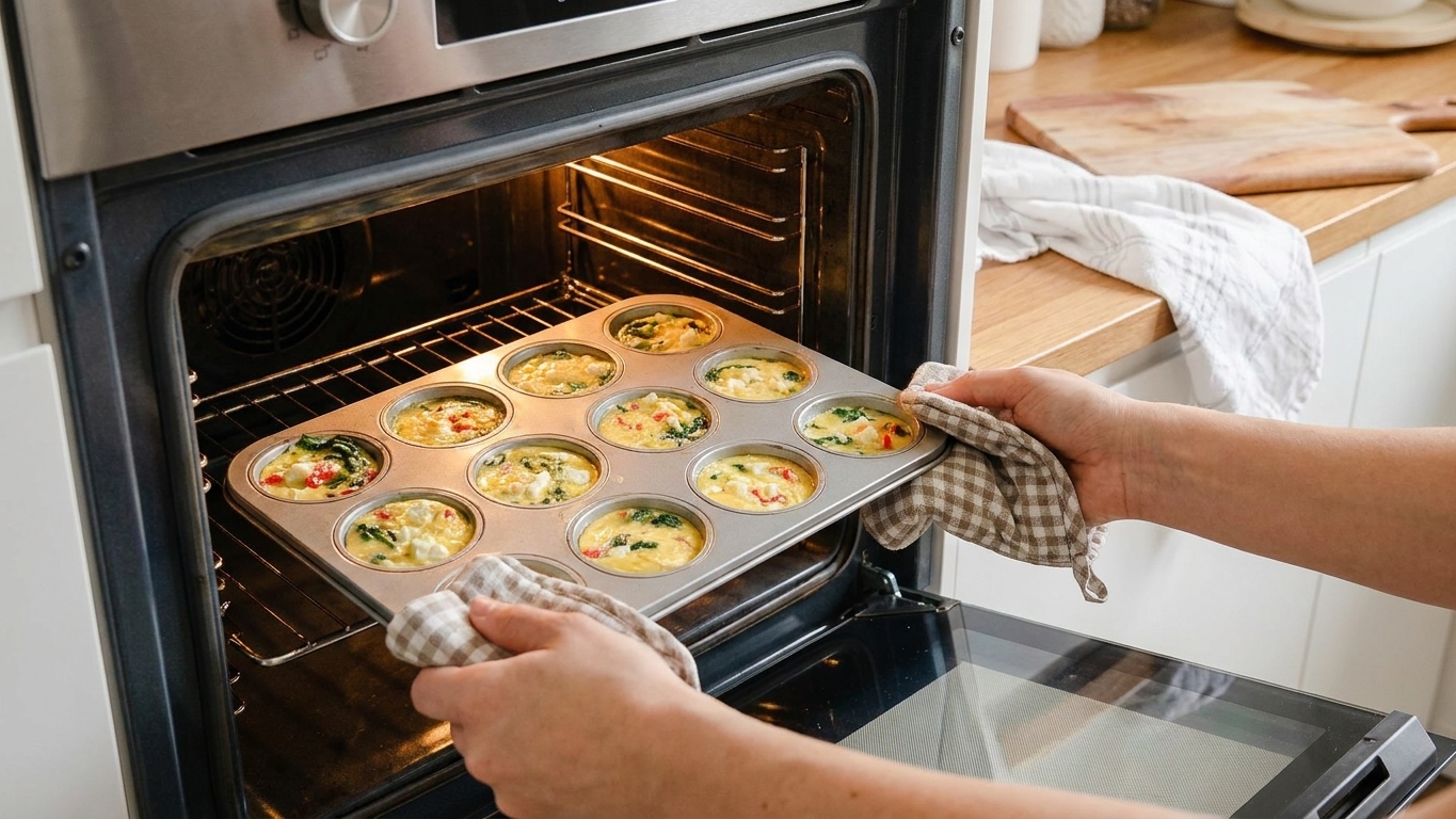 A muffin tin filled with egg bite mixture being placed into an oven, hands visible, warm kitchen lighting