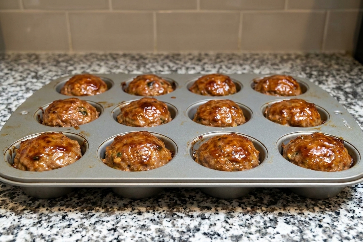 A muffin tin filled with glazed mini meatloaves, lightly caramelized on top, on a bright kitchen counter with a simple neutral backdrop