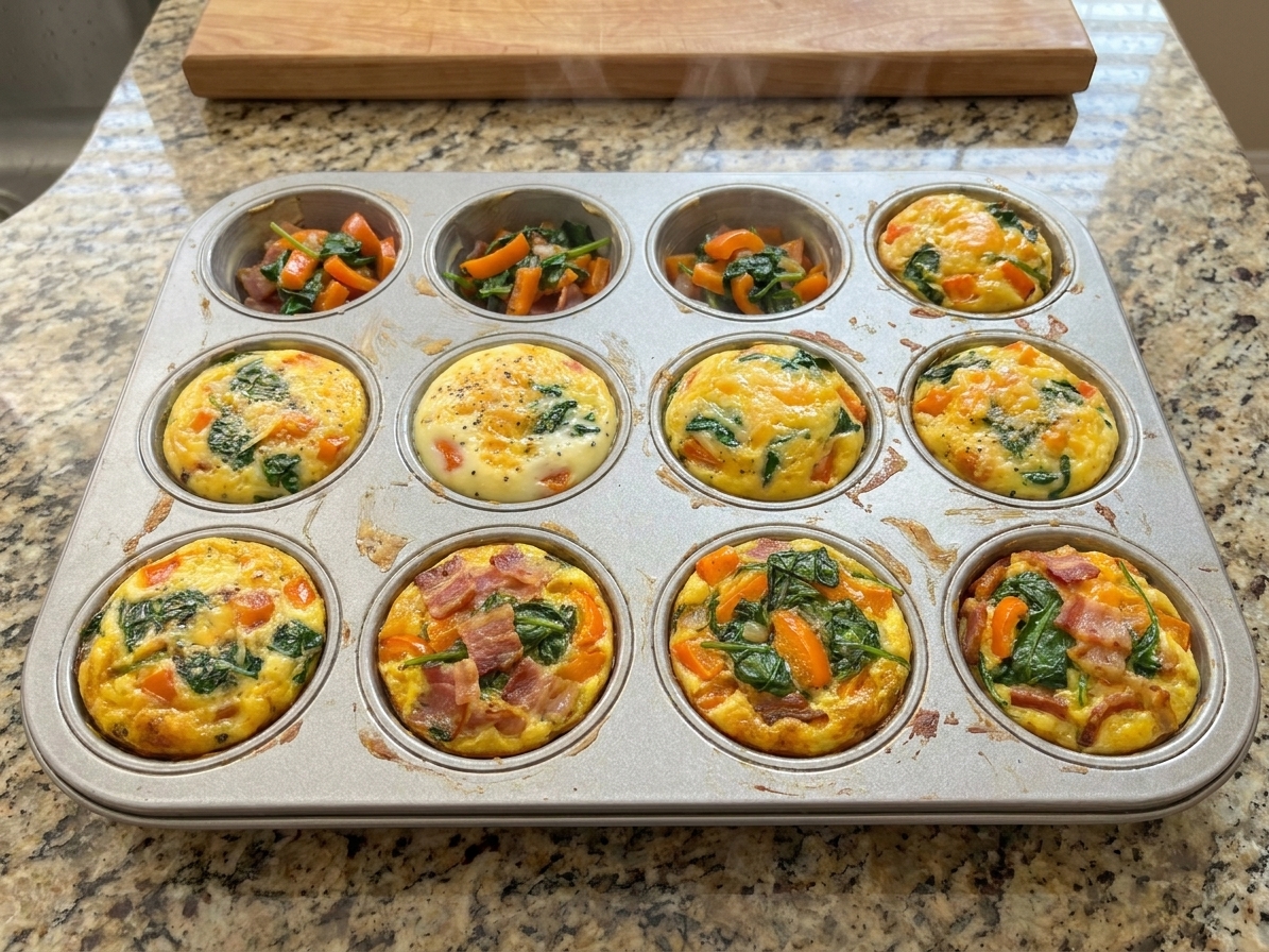 A muffin tin filled with golden, fluffy breakfast egg cups with melted cheddar and bits of bell pepper and spinach on a warm kitchen counter