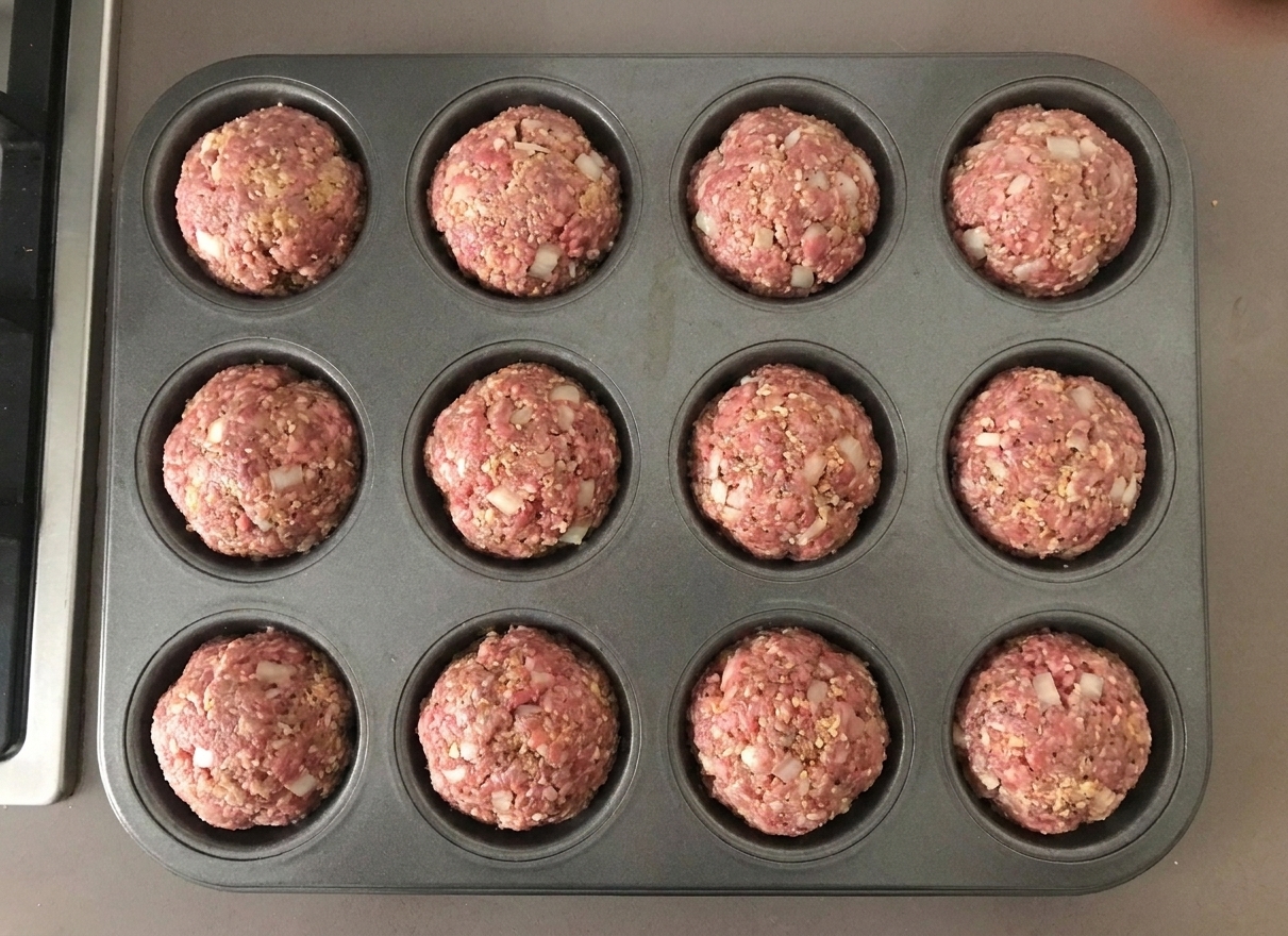 A muffin tin filled with raw meatloaf portions, each portion rounded on top before baking