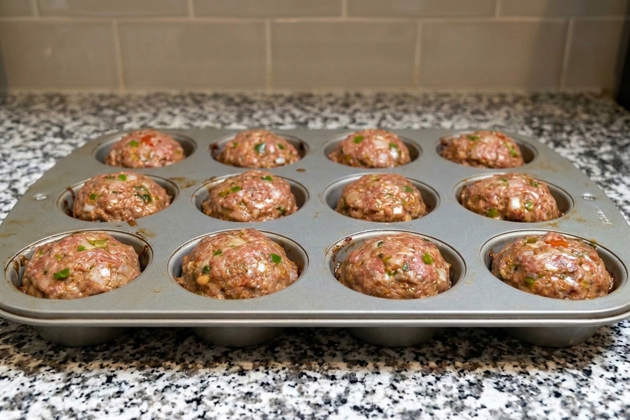 A muffin tin filled with raw mini meatloaf portions shaped into small domes, ready for the oven