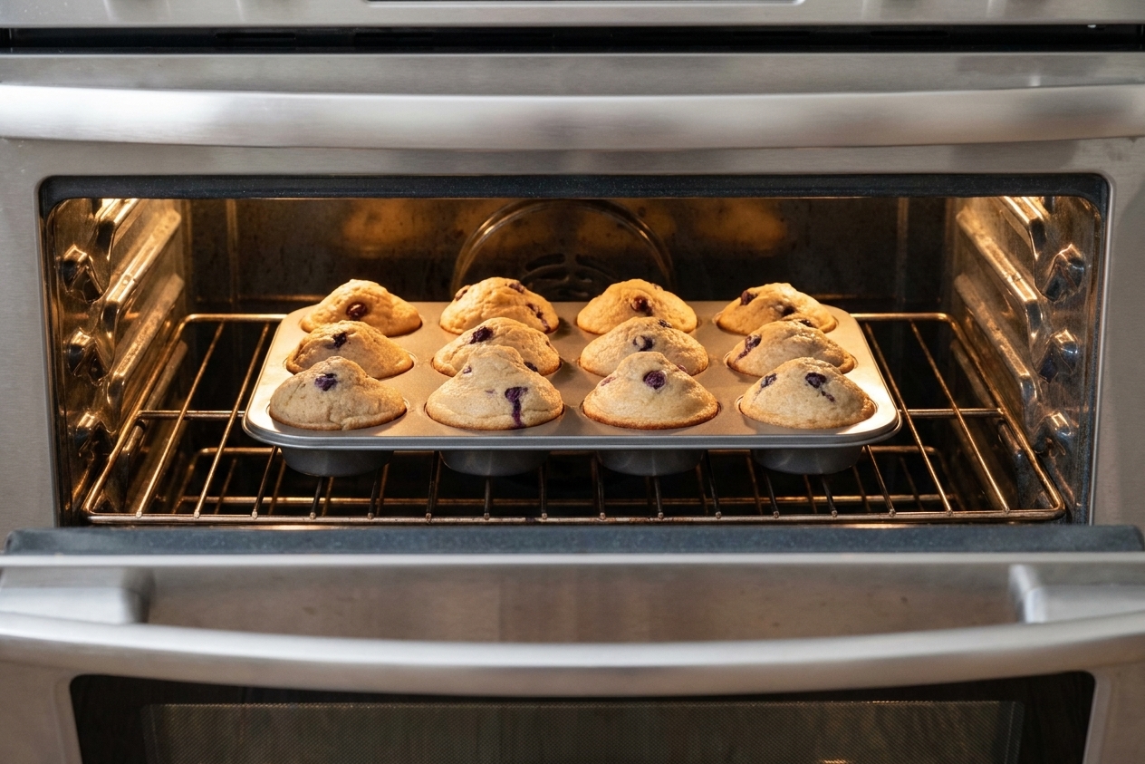 A muffin tin filled with rising muffins on the center rack of a home oven with warm oven light