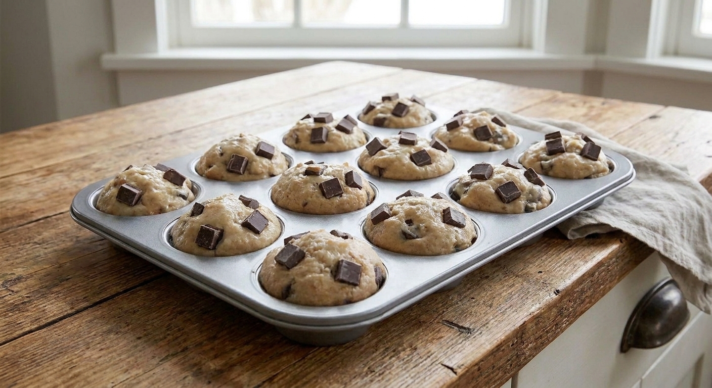 A muffin tin filled with thick chocolate chunk muffin batter, with extra chocolate pieces sprinkled on top before baking