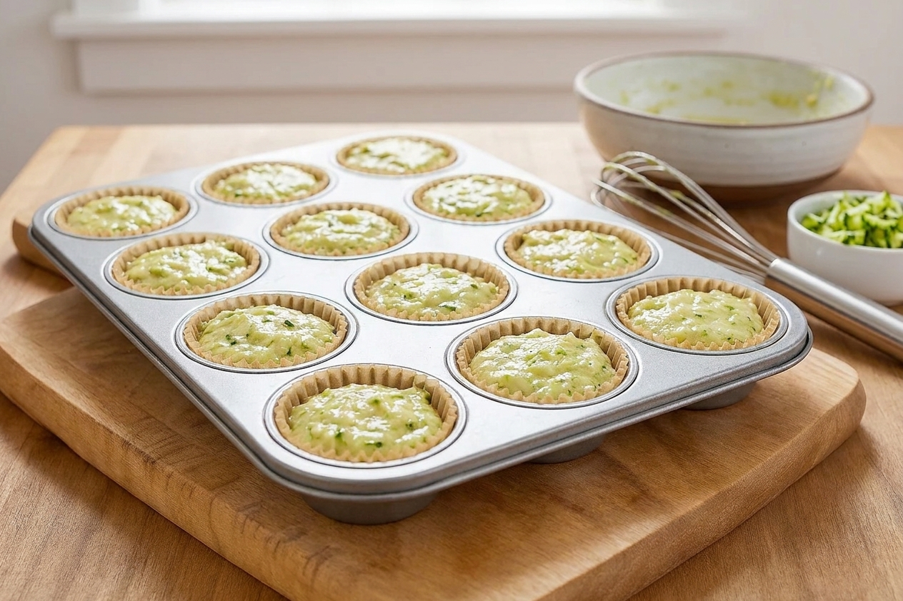 A muffin tin filled with zucchini muffin batter on a kitchen counter, ready to go into the oven