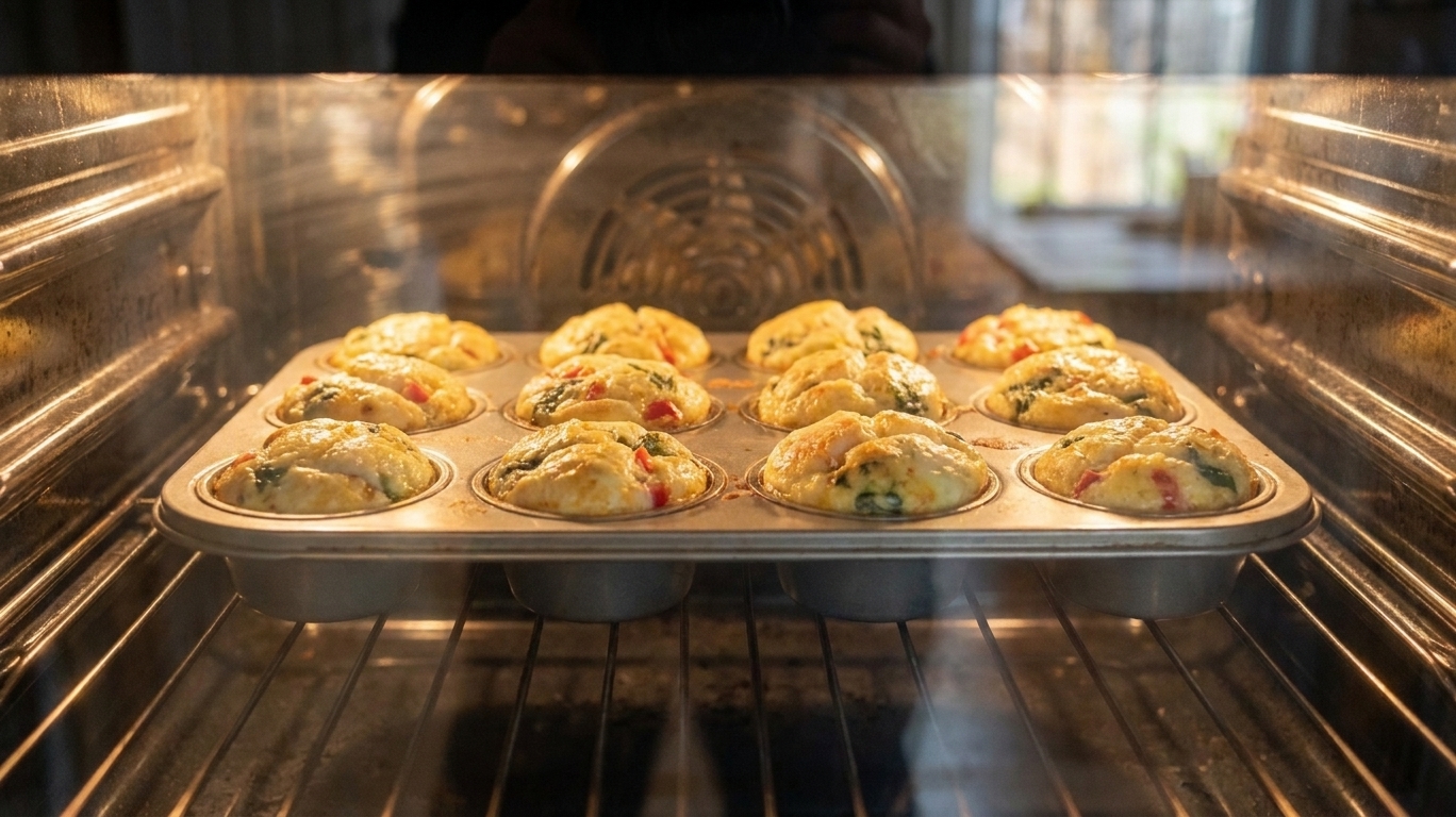 A muffin tin in the oven with egg white bites puffed and lightly golden on top, seen through the oven door in warm kitchen light