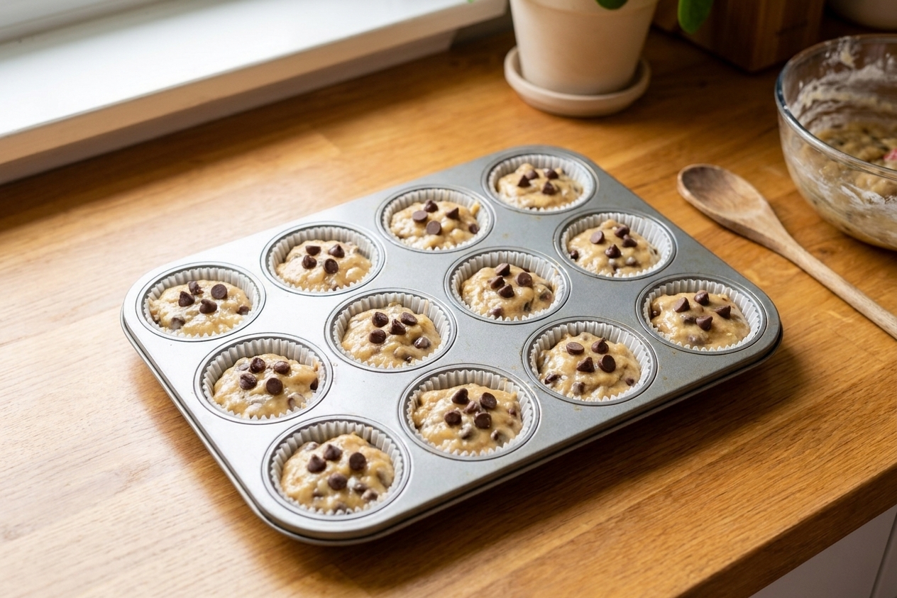 A muffin tin lined with paper cups filled with banana chocolate chip batter, ready to bake on a kitchen counter