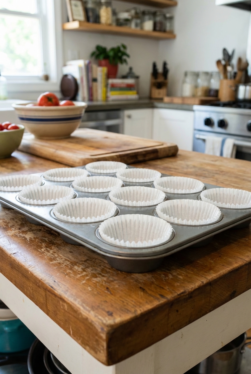 A muffin tin lined with paper liners on a kitchen counter