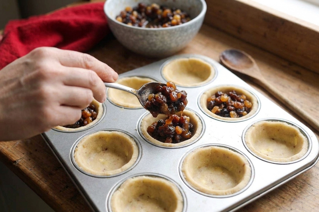 A muffin tin lined with pastry rounds, each cup filled with a spoonful of dark spiced mincemeat