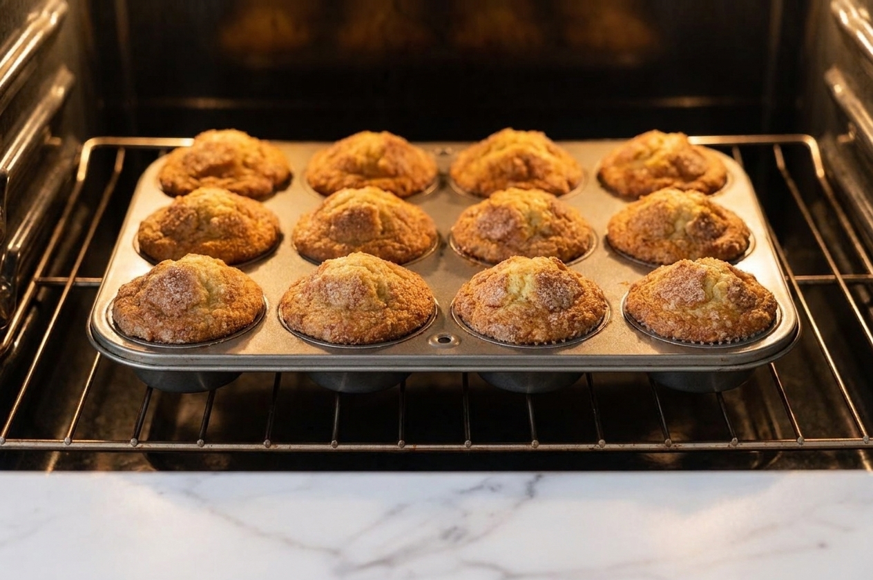 A muffin tin of cinnamon muffins baking on an oven rack with golden tops just beginning to set