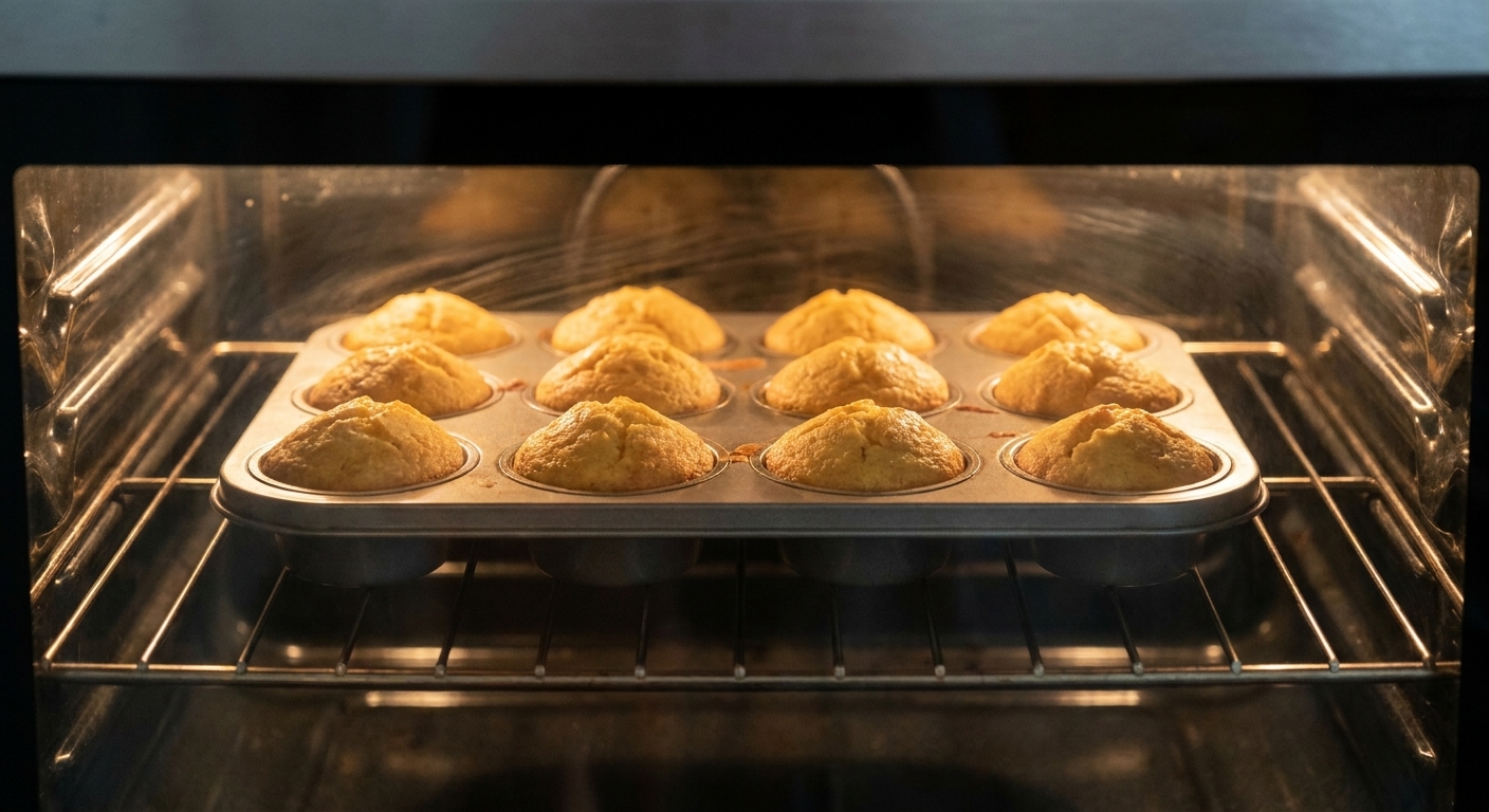 A muffin tin of corn muffins rising and turning golden inside an oven with the oven light on