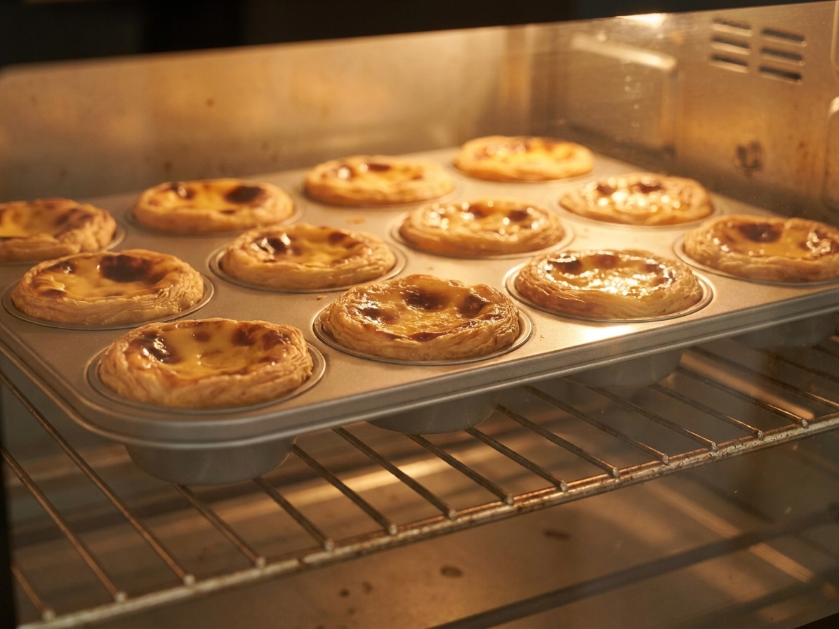 A muffin tin of custard tarts baking on the upper rack of a home oven with the tops starting to blister