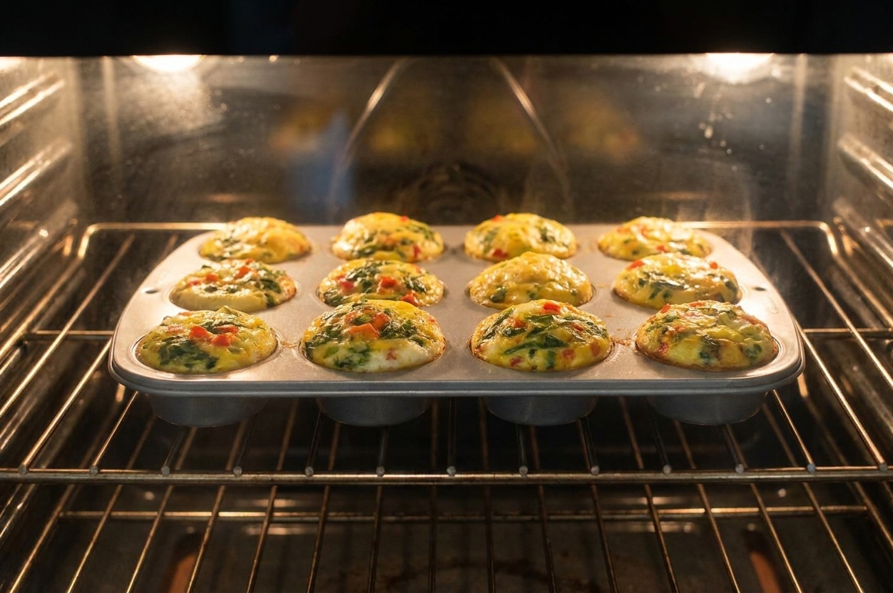 A muffin tin of egg muffin cups baking on the middle oven rack with the tops puffed and lightly golden
