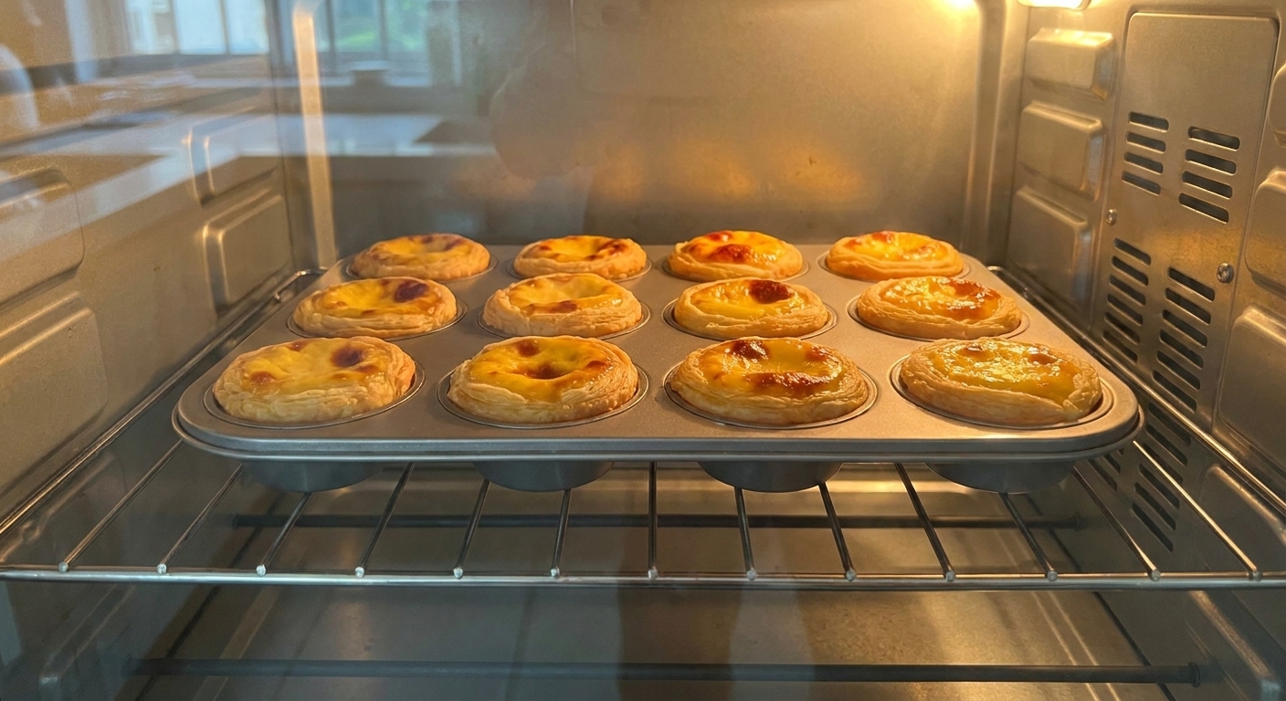 A muffin tin of egg tarts baking in an oven with custard puffed slightly and turning golden on top