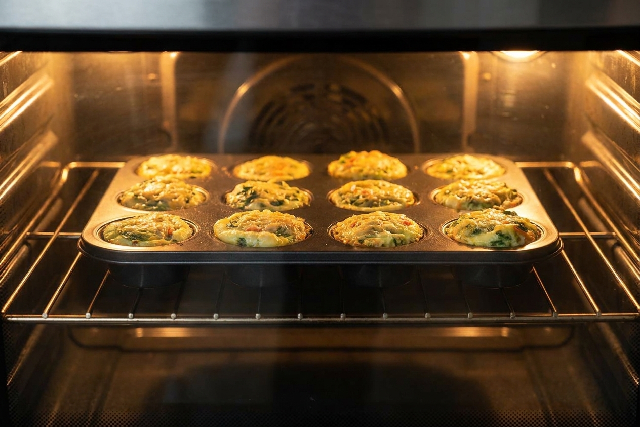 A muffin tin of egg white bites baking on the center rack of an oven with the oven light on