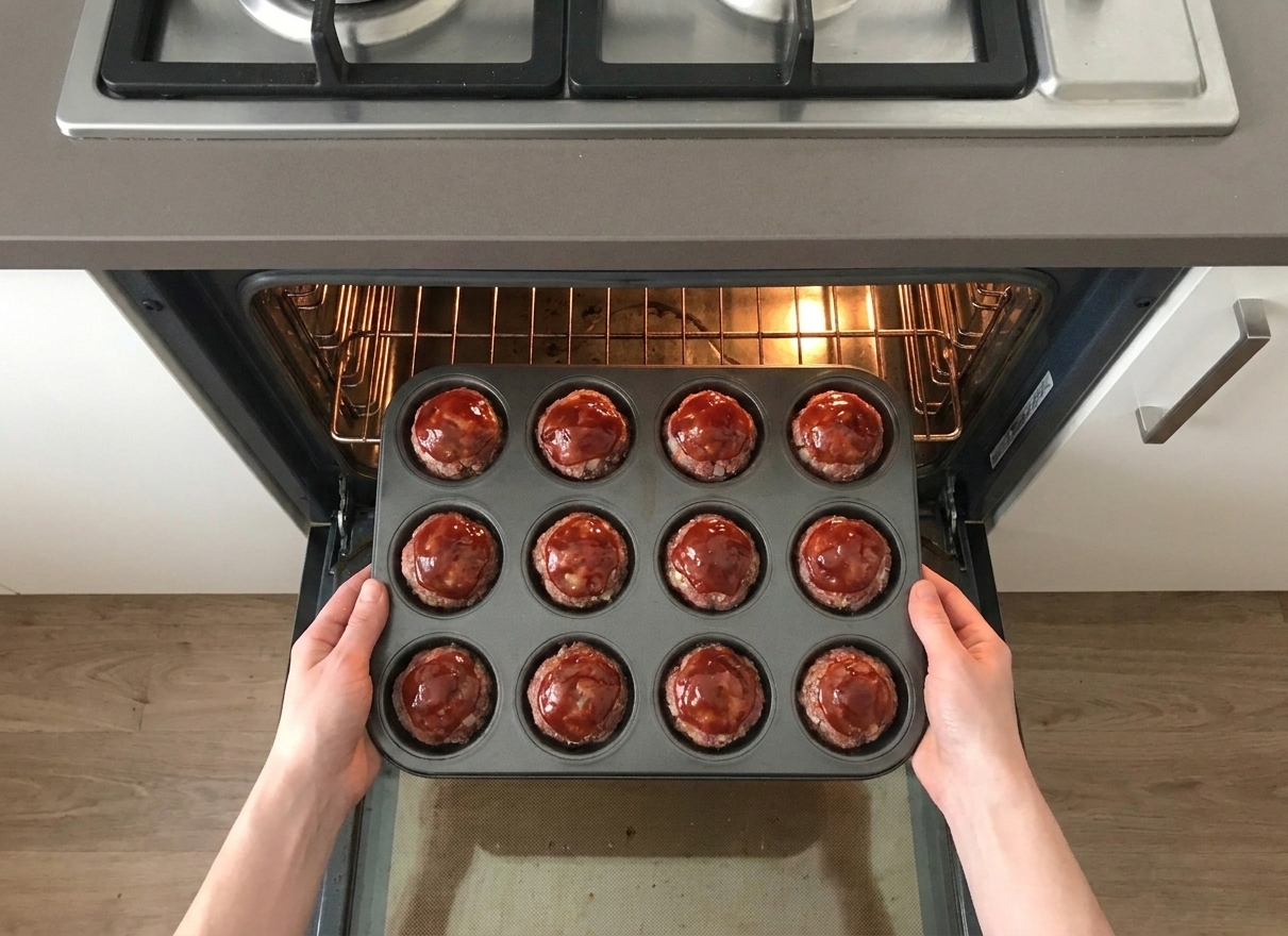 A muffin tin of mini meatloaves topped with ketchup glaze being placed into a home oven