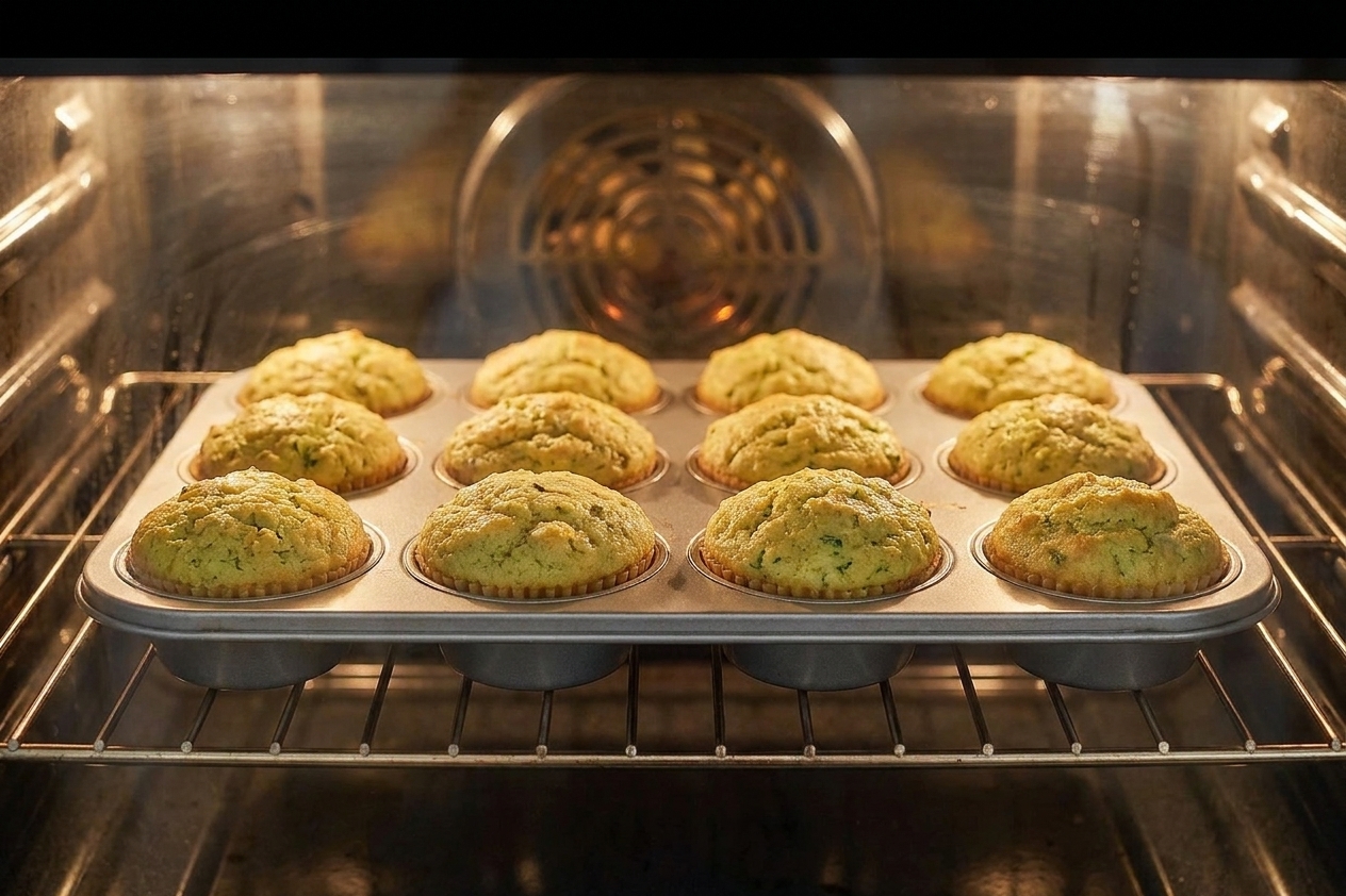 A muffin tin of zucchini muffins baking on an oven rack with the muffins domed and turning golden
