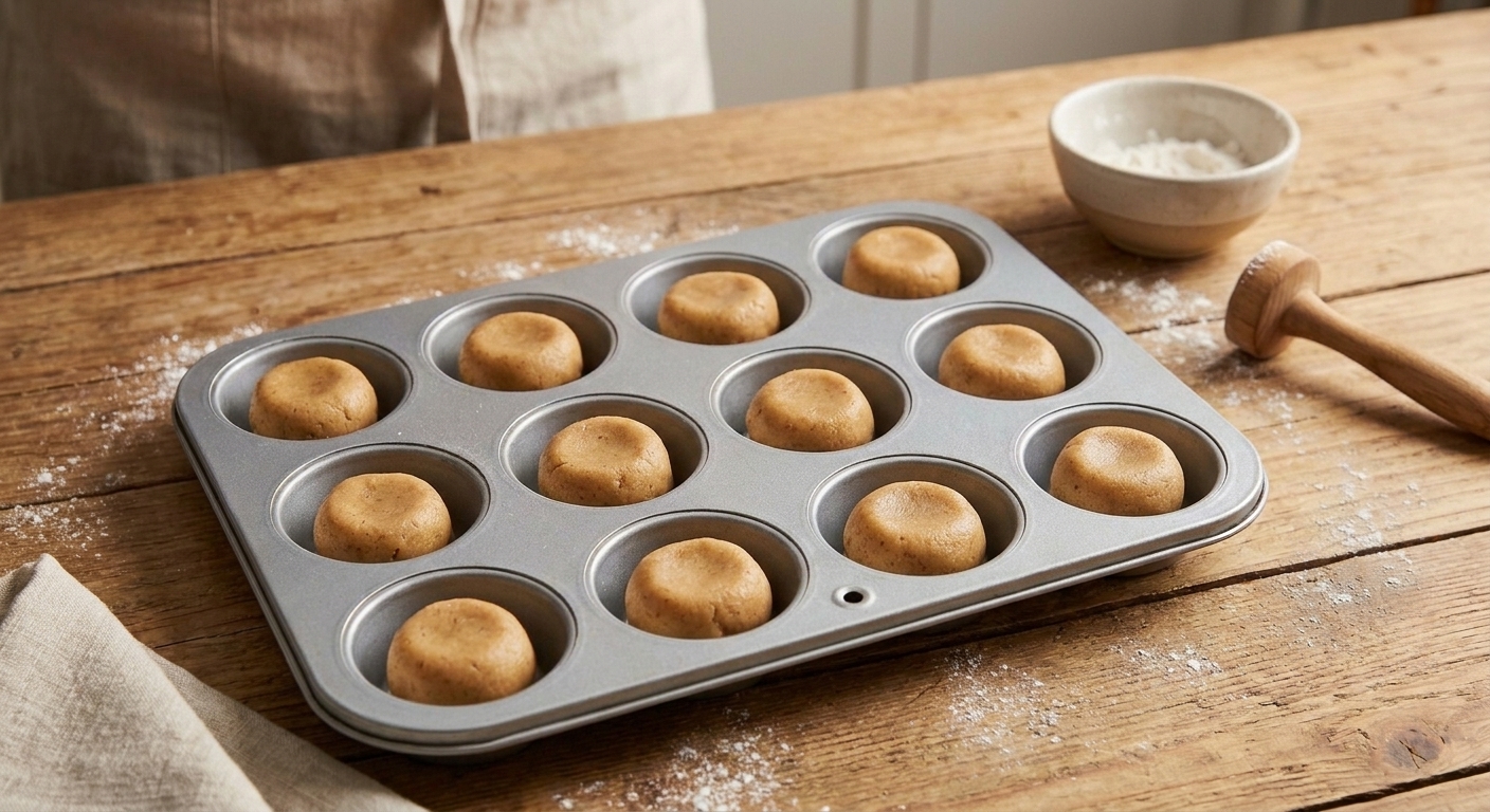 A muffin tin on a kitchen counter with chilled cookie dough portions ready to be pressed into cup shapes
