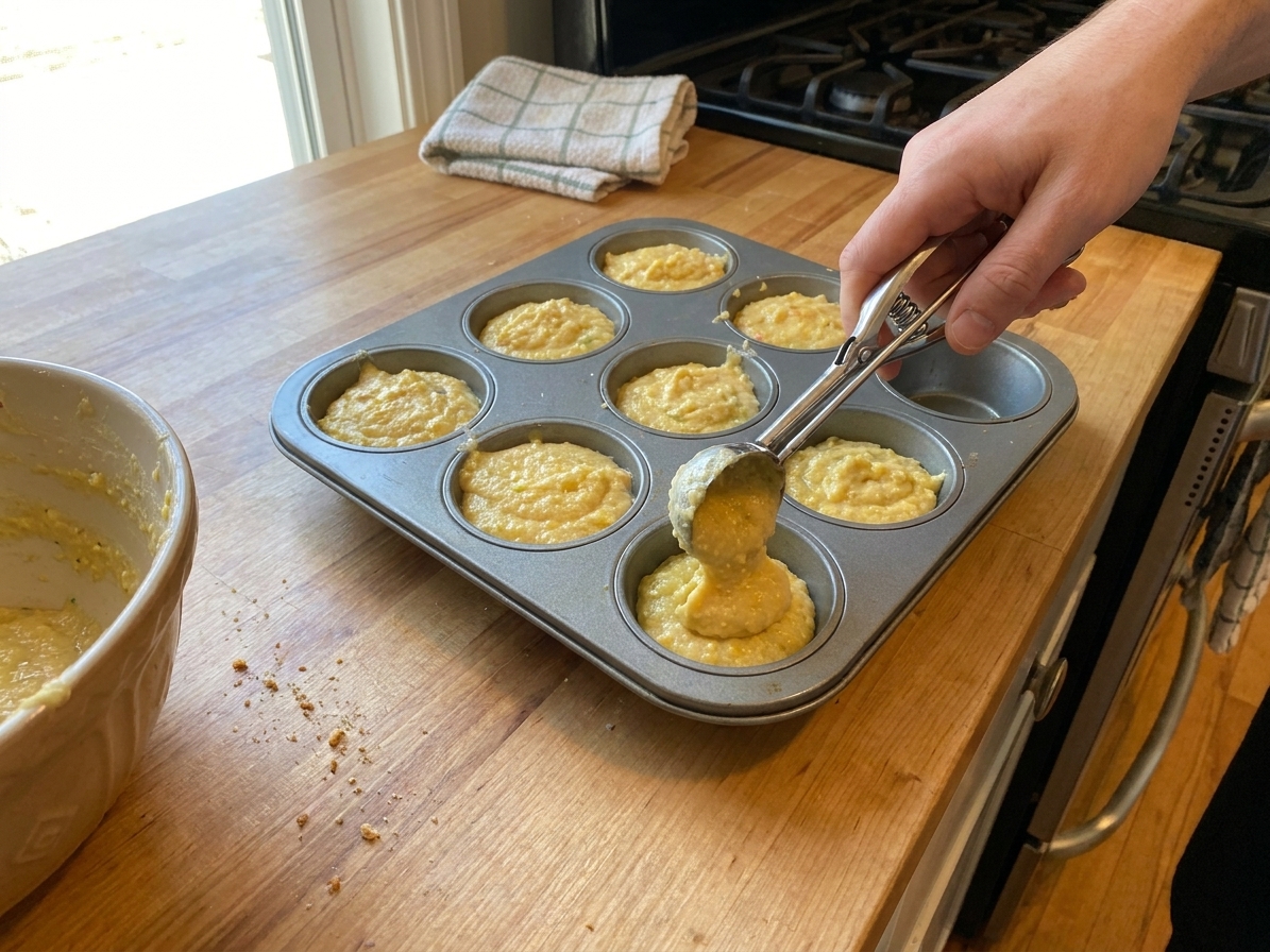 A muffin tin on a kitchen counter with corn muffin batter portioned into the cups, ready to bake