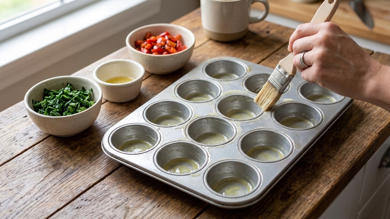 A muffin tin with each cup lightly greased, set on a kitchen counter next to a small bowl of chopped spinach and roasted red peppers