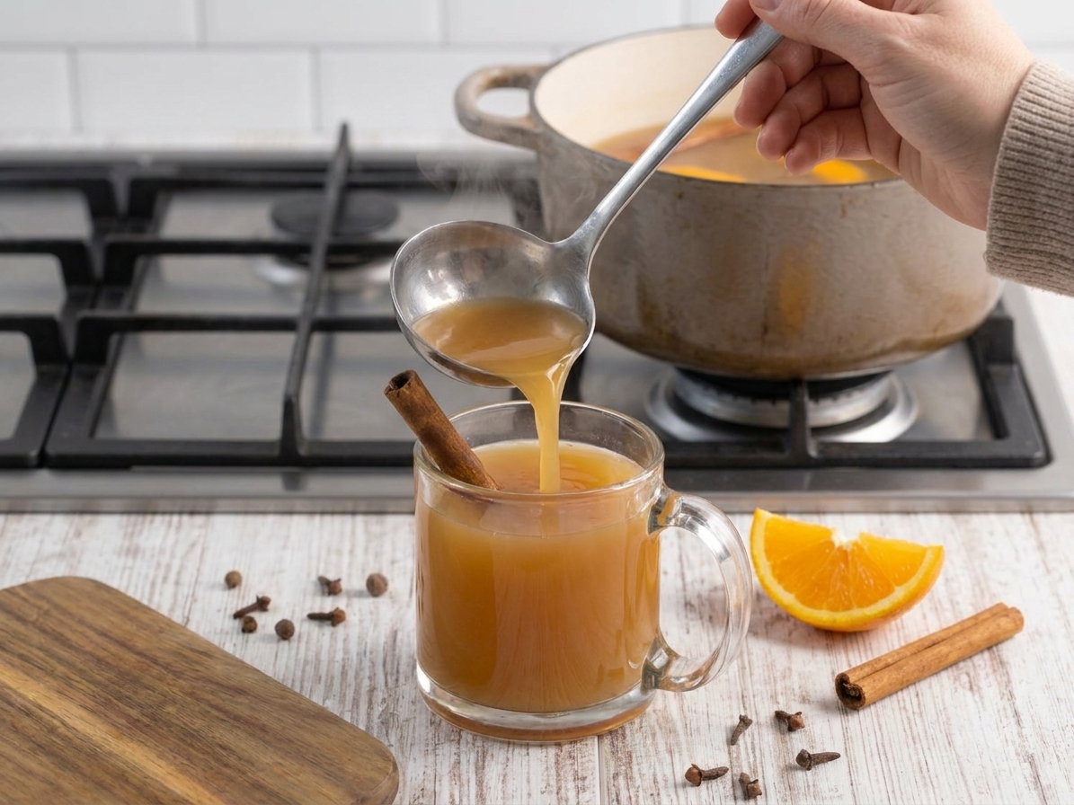 A mug being filled with hot spiced apple cider from a ladle, with a cinnamon stick and orange slice nearby