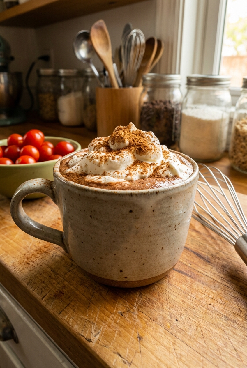 A mug of Mexican hot chocolate topped with whipped cream and a dusting of cinnamon on a wooden table