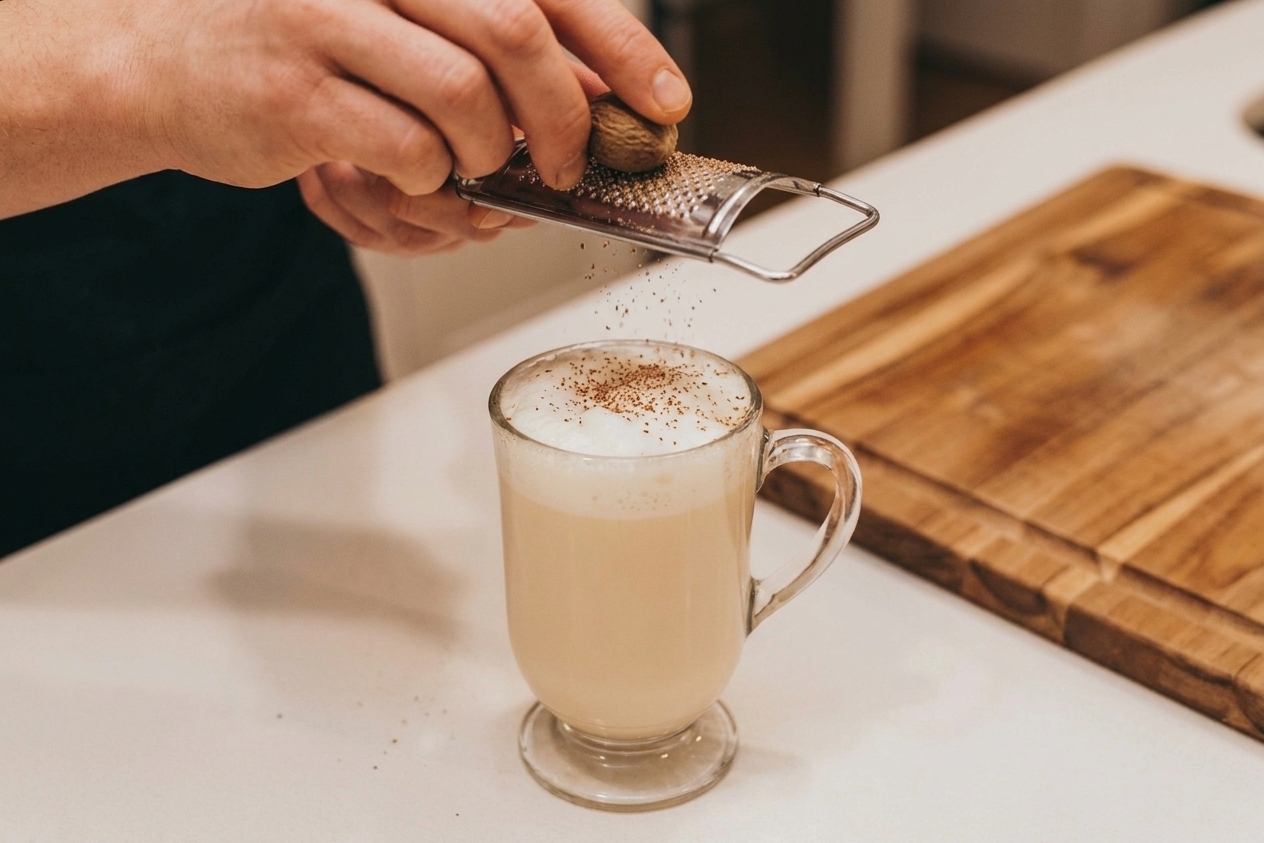 A mug of Tom and Jerry being finished with freshly grated nutmeg over the foamy top on a wooden table