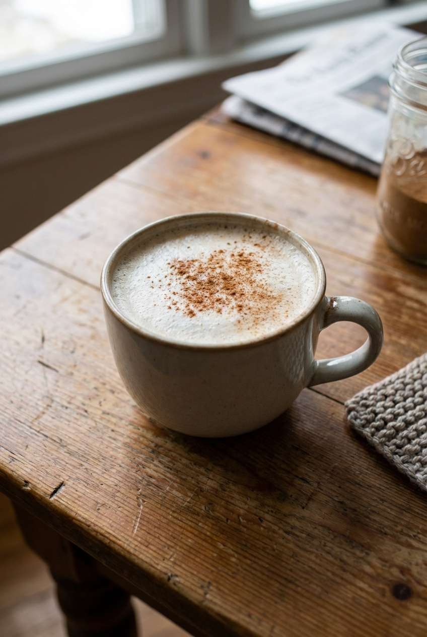 A mug of chai latte on a wooden table