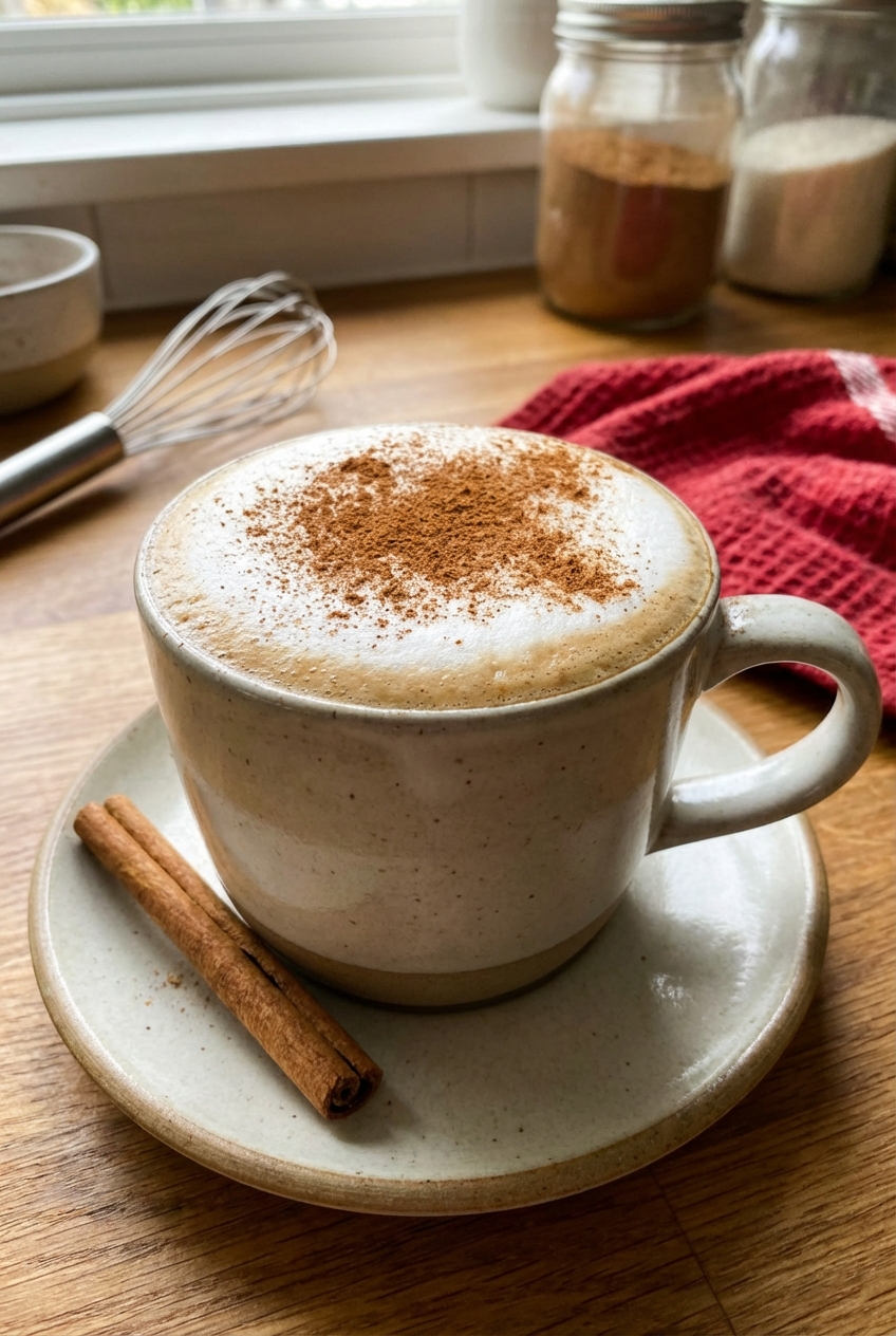 A mug of chai latte with foam and a sprinkle of cinnamon