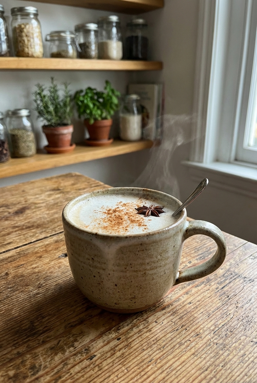 A mug of chai tea on a wooden table